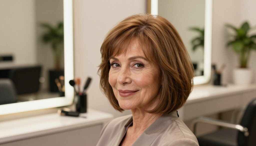 A beautiful, elegantly styled 60-year-old woman with rare, light brown bob haircut featuring subtle layering and soft cieniowanie techniques that create the illusion of volume. The foreground shows her smiling gently, wearing modest, professional attire, exuding confidence and sophistication. In the middle ground, a tasteful salon setting with softly lit mirrors and hair styling tools suggests a focus on expert hairstyling techniques. The background is a warm, inviting atmosphere, decorated with plants and contemporary decor, enhancing the overall atmosphere of elegance. Soft, diffused lighting compliments her hair texture while gentle shadows highlight the layered cuts, emphasizing the cieniowanie effect. The mood is uplifting, showcasing a sense of renewal and vibrancy in a professional yet welcoming space. A beautiful, elegantly styled 60-year-old woman with rare, light brown bob haircut featuring subtle layering and soft cieniowanie techniques that create the illusion of volume. The foreground shows her smiling gently, wearing modest, professional attire, exuding confidence and sophistication. In the middle ground, a tasteful salon setting with softly lit mirrors and hair styling tools suggests a focus on expert hairstyling techniques. The background is a warm, inviting atmosphere, decorated with plants and contemporary decor, enhancing the overall atmosphere of elegance. Soft, diffused lighting compliments her hair texture while gentle shadows highlight the layered cuts, emphasizing the cieniowanie effect. The mood is uplifting, showcasing a sense of renewal and vibrancy in a professional yet welcoming space.
