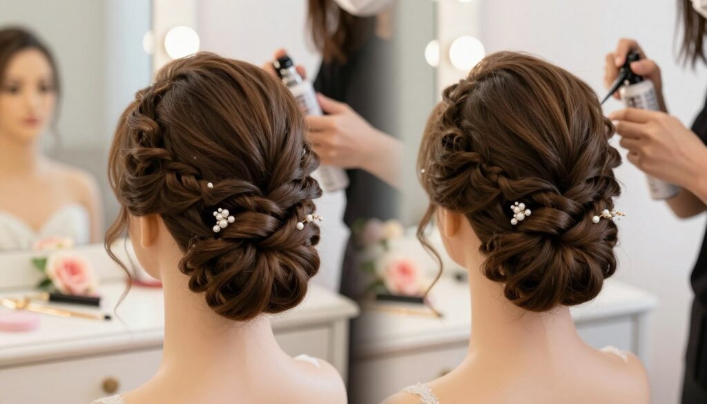 A beautifully arranged bridal hairstyle featuring elegant waves and intricate updos, displayed on a mannequin. The foreground highlights a close-up of the hair, showcasing various techniques like braiding, curling, and pinning that ensure the hairstyle lasts throughout the night. In the middle, an artist applies styling products, demonstrating their skill in creating a wedding-ready look. The background features soft, diffused lighting to create a dreamy atmosphere, with pastel-colored bridal accessories like hairpins and flowers resting on a stylish vanity. The scene is captured with a shallow depth of field, creating an intimate focus on the hairstyles while hinting at the elegance of a wedding ceremony. The overall mood is romantic and sophisticated, perfect for a bridal beauty tutorial.