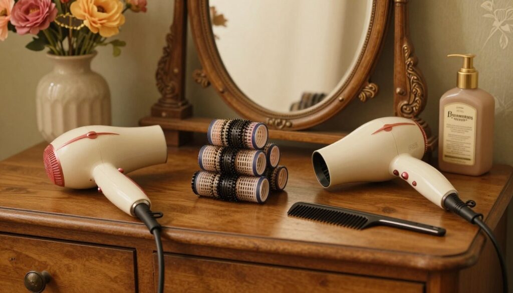 A beautifully arranged collection of retro hairstyling tools set on a vintage wooden dresser. In the foreground, showcase a classic handheld hair dryer, a set of large curling rollers, and a sleek fine-toothed comb, all highlighted by warm, golden lighting. The middle layer features an artisanal mirror with a slightly ornate frame, reflecting soft light to create a nostalgic atmosphere. In the background, incorporate subtle elements like a vase with colorful flowers and a retro styling product bottle, adding a touch of color and texture. The composition should evoke a cozy, inviting feel, reminiscent of the 1970s, perfect for illustrating essential styling tools and cosmetics for iconic hairstyles. A beautifully arranged collection of retro hairstyling tools set on a vintage wooden dresser. In the foreground, showcase a classic handheld hair dryer, a set of large curling rollers, and a sleek fine-toothed comb, all highlighted by warm, golden lighting. The middle layer features an artisanal mirror with a slightly ornate frame, reflecting soft light to create a nostalgic atmosphere. In the background, incorporate subtle elements like a vase with colorful flowers and a retro styling product bottle, adding a touch of color and texture. The composition should evoke a cozy, inviting feel, reminiscent of the 1970s, perfect for illustrating essential styling tools and cosmetics for iconic hairstyles.