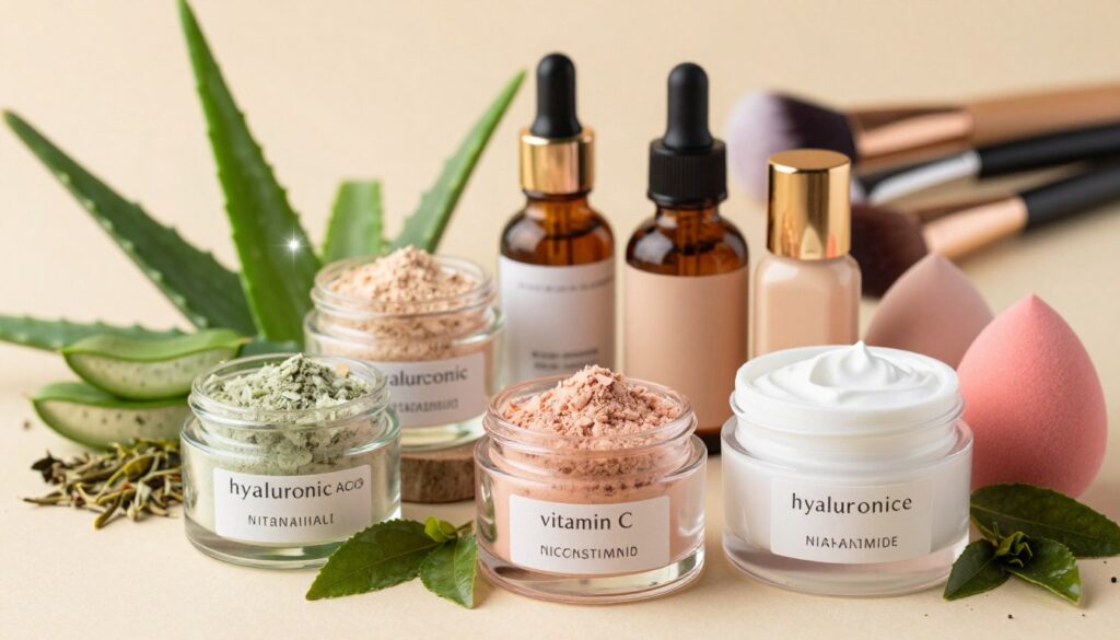 A beautifully arranged composition showcasing key active ingredients commonly found in modern makeup bases. In the foreground, feature elegant glass jars with colorful, textured powders and creams, labeled with names like hyaluronic acid, vitamin C, and niacinamide. The middle ground should display an assortment of fresh, natural ingredients such as aloe vera leaves, green tea leaves, and botanical extracts, artfully placed around the jars. The background consists of soft-focus makeup tools like brushes and sponges, adding depth to the scene. Use warm, inviting lighting to create a cozy atmosphere, with a slight sparkle effect to signify vibrancy and innovation. The composition should evoke a sense of sophistication and allure, emphasizing the importance of skincare in makeup products.