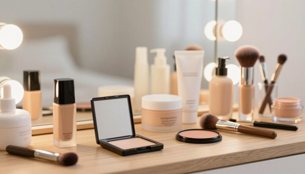 A beautifully arranged cosmetics display for achieving perfect skin. In the foreground, a wooden vanity table features an array of foundational makeup products: a sleek foundation bottle, a compact powder case, a blusher palette, and makeup brushes, all elegantly positioned. The middle ground showcases neatly organized skincare essentials, such as moisturizer and primer, with soft-focus bottles. The background features dreamy ambient lighting, suggesting a serene morning routine, while a slightly blurred mirror reflects subtle hints of natural beauty. The atmosphere is calming and inviting, evoking a sense of self-care and preparation for makeup application. A soft, warm light bathes the scene, enhancing the colors of the products and creating a fresh, uplifting mood. A beautifully arranged cosmetics display for achieving perfect skin. In the foreground, a wooden vanity table features an array of foundational makeup products: a sleek foundation bottle, a compact powder case, a blusher palette, and makeup brushes, all elegantly positioned. The middle ground showcases neatly organized skincare essentials, such as moisturizer and primer, with soft-focus bottles. The background features dreamy ambient lighting, suggesting a serene morning routine, while a slightly blurred mirror reflects subtle hints of natural beauty. The atmosphere is calming and inviting, evoking a sense of self-care and preparation for makeup application. A soft, warm light bathes the scene, enhancing the colors of the products and creating a fresh, uplifting mood.