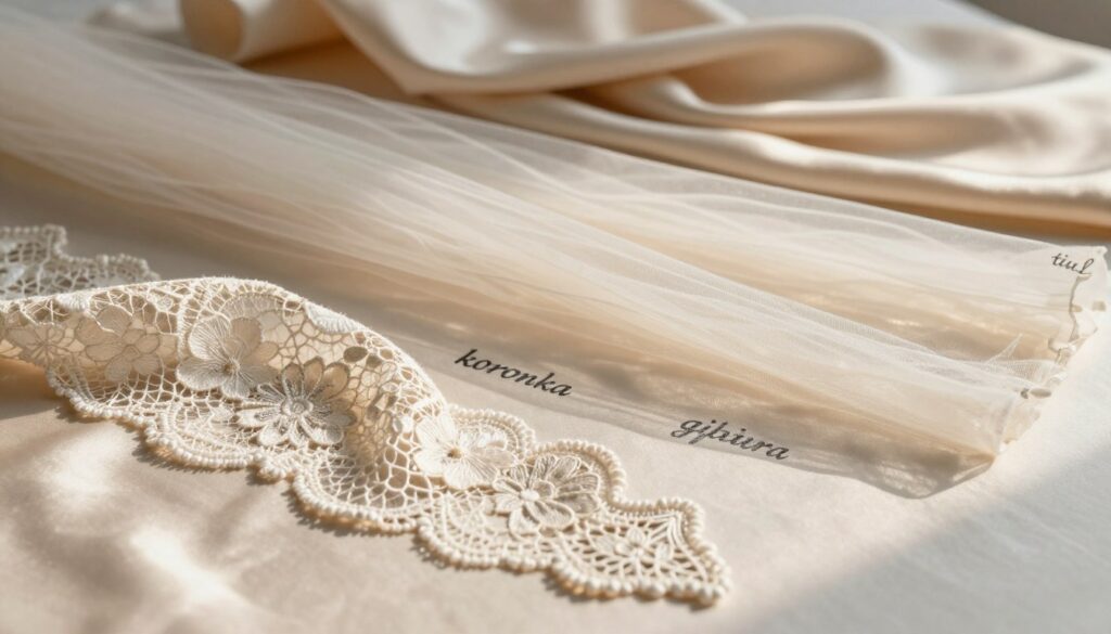 A beautifully arranged flat lay of delicate fabrics highlighting "koronka," "tiul," and "gipiura" materials. In the foreground, intricate lace (koronka) with floral patterns, softly draped over a smooth satin surface, showcasing its delicate texture. In the middle, light and airy tulle (tiul) billows gently, its sheer quality complementing the lace, with light reflecting off its surface to create a subtle shimmer. In the background, a blurred display of elegant silk and cotton fabrics adds depth and provides a sophisticated context. Soft, natural lighting illuminates the scene, casting gentle shadows for a warm and inviting atmosphere. The overall mood is artistic and serene, ideal for emphasizing the choice of materials in garment alterations while maintaining an elegant and refined aesthetic. A beautifully arranged flat lay of delicate fabrics highlighting "koronka," "tiul," and "gipiura" materials. In the foreground, intricate lace (koronka) with floral patterns, softly draped over a smooth satin surface, showcasing its delicate texture. In the middle, light and airy tulle (tiul) billows gently, its sheer quality complementing the lace, with light reflecting off its surface to create a subtle shimmer. In the background, a blurred display of elegant silk and cotton fabrics adds depth and provides a sophisticated context. Soft, natural lighting illuminates the scene, casting gentle shadows for a warm and inviting atmosphere. The overall mood is artistic and serene, ideal for emphasizing the choice of materials in garment alterations while maintaining an elegant and refined aesthetic.