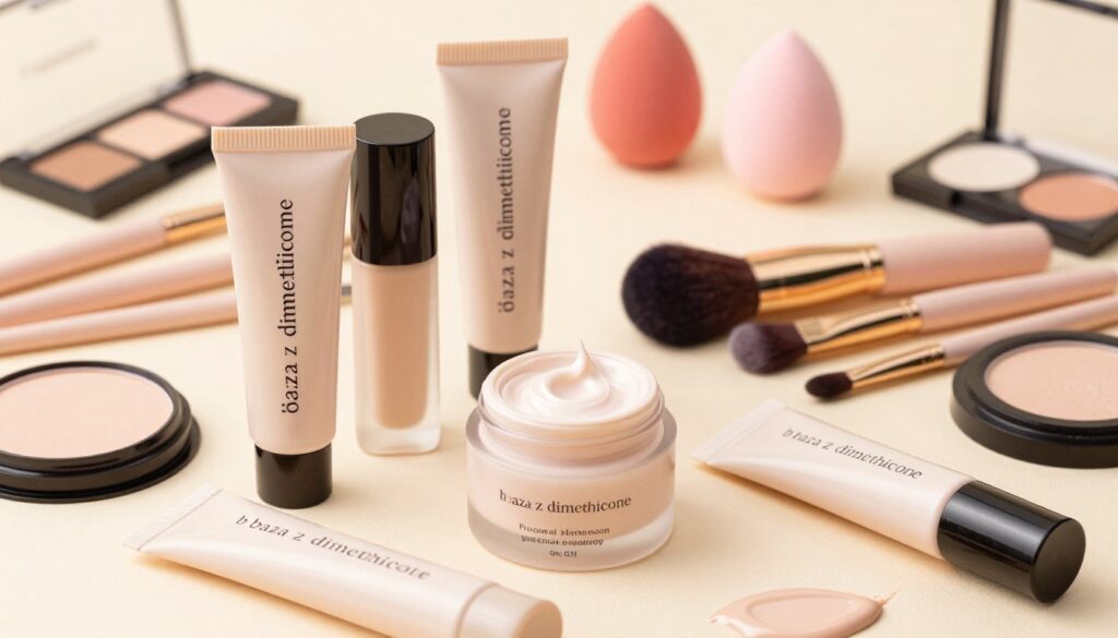 A beautifully arranged flat lay of various cosmetics specifically highlighting "baza z dimethicone" as a key product for long-lasting makeup. In the foreground, showcase elegantly packaged dimethicone-based primer tubes and jars, with a focus on their smooth, silky textures. In the middle, include an assortment of makeup brushes and sponges neatly organized, illustrating a professional makeup setup. The background should feature soft, diffused lighting that creates a warm, inviting atmosphere, emphasizing the cosmetics. Use a light, pastel color palette to evoke a sense of freshness and professionalism. The image should convey the effectiveness of makeup products in preventing smudging and maintaining a polished look, aimed at makeup enthusiasts.