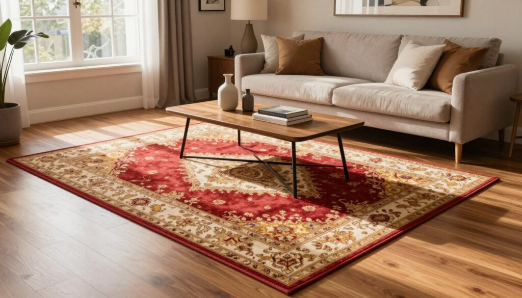 A beautifully arranged living room featuring a large decorative area rug, placed centrally on a polished wooden floor. In the foreground, the plush rug showcases intricate patterns in warm hues of red, gold, and cream, embodying a welcoming atmosphere. A stylish coffee table with modern decor, like a vase and a stack of books, is strategically positioned on the rug. In the midground, a cozy sofa with neutral-toned cushions complements the rug, inviting relaxation. The background reveals softly lit walls adorned with tasteful artwork. Natural light streams in from a large window, casting gentle shadows and creating a warm, inviting ambiance. The overall mood is serene and harmonious, encouraging careful consideration of rug placement while avoiding common design mistakes.