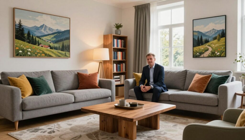 A beautifully designed living room interior reflecting modern Polish decor, showcasing a harmonious blend of comfort and elegance. In the foreground, a stylish gray couch adorned with colorful throw pillows faces a sleek coffee table made of natural wood. On the walls, tasteful art pieces depicting Polish landscapes add character. The middle ground features a plush area rug, with a small bookshelf filled with books on politics and culture. In the background, large windows allow soft, warm daylight to filter in, illuminating the space with a cozy glow. The atmosphere is inviting and professional, ideal for a well-known politician's residence. Capture the essence of sophistication, warmth, and a touch of personal flair, showcasing a space where important discussions can take place. A beautifully designed living room interior reflecting modern Polish decor, showcasing a harmonious blend of comfort and elegance. In the foreground, a stylish gray couch adorned with colorful throw pillows faces a sleek coffee table made of natural wood. On the walls, tasteful art pieces depicting Polish landscapes add character. The middle ground features a plush area rug, with a small bookshelf filled with books on politics and culture. In the background, large windows allow soft, warm daylight to filter in, illuminating the space with a cozy glow. The atmosphere is inviting and professional, ideal for a well-known politician's residence. Capture the essence of sophistication, warmth, and a touch of personal flair, showcasing a space where important discussions can take place.