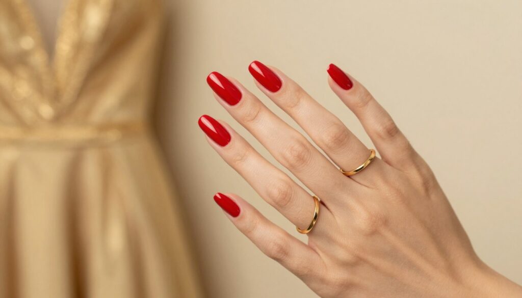 A beautifully manicured hand showcasing a classic red manicure, elegantly positioned against a backdrop of soft gold hues. The hand is adorned with delicate gold rings, reflecting a sense of style and sophistication. In the foreground, the focus is on the vibrant red nail polish, perfectly applied, shining under soft, warm lighting. The middle layer features a subtle hint of a luxurious golden gown, draped gracefully to complement the red nails without overwhelming the composition. The background is a soft, blurred gradient of gold and cream, creating an inviting and glamorous atmosphere. The angle is slightly above the hand, capturing the elegance of the manicure while highlighting the harmonious relationship between the red nails and the golden tones, evoking a feeling of timeless beauty and refinement. A beautifully manicured hand showcasing a classic red manicure, elegantly positioned against a backdrop of soft gold hues. The hand is adorned with delicate gold rings, reflecting a sense of style and sophistication. In the foreground, the focus is on the vibrant red nail polish, perfectly applied, shining under soft, warm lighting. The middle layer features a subtle hint of a luxurious golden gown, draped gracefully to complement the red nails without overwhelming the composition. The background is a soft, blurred gradient of gold and cream, creating an inviting and glamorous atmosphere. The angle is slightly above the hand, capturing the elegance of the manicure while highlighting the harmonious relationship between the red nails and the golden tones, evoking a feeling of timeless beauty and refinement.