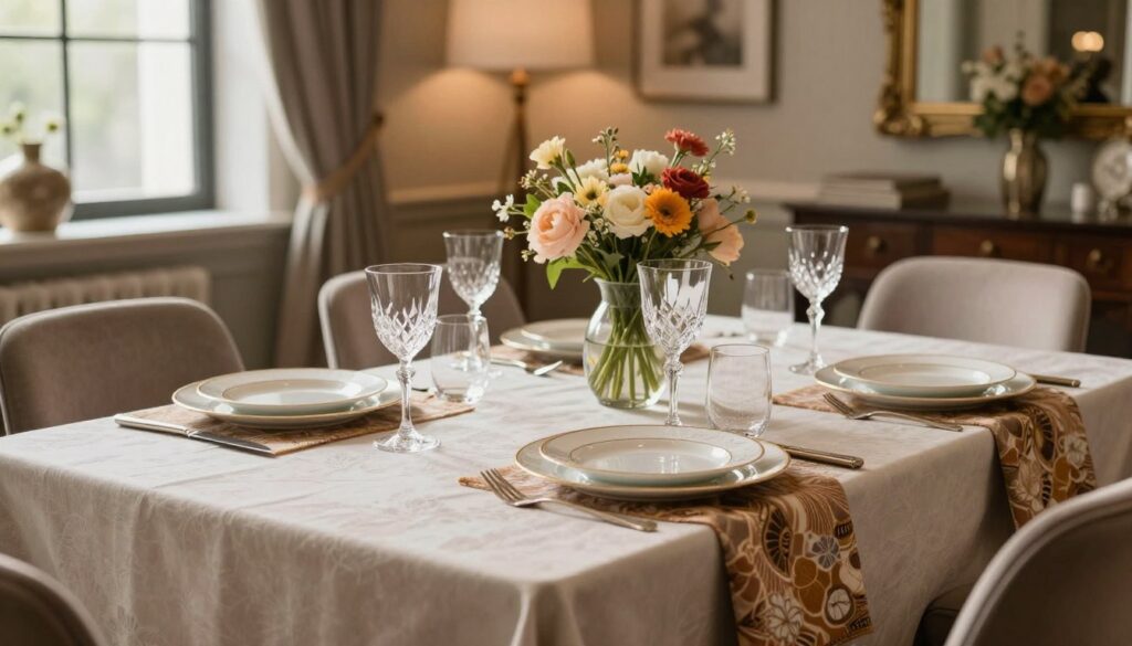 A beautifully set dining table in a stylish salon, featuring a mix of luxurious textiles such as an elegant tablecloth and coordinated placemats. The foreground showcases carefully arranged tableware, including fine porcelain plates and sparkling crystal glasses. In the middle, a striking centerpiece of fresh flowers in a chic vase adds a touch of color. The background displays a tastefully decorated room with warm lighting, creating an inviting atmosphere. Soft natural light streams in from a nearby window, with a shallow depth of field to emphasize the table setting. The overall mood is sophisticated and cozy, perfect for a modern yet timeless interior design. A beautifully set dining table in a stylish salon, featuring a mix of luxurious textiles such as an elegant tablecloth and coordinated placemats. The foreground showcases carefully arranged tableware, including fine porcelain plates and sparkling crystal glasses. In the middle, a striking centerpiece of fresh flowers in a chic vase adds a touch of color. The background displays a tastefully decorated room with warm lighting, creating an inviting atmosphere. Soft natural light streams in from a nearby window, with a shallow depth of field to emphasize the table setting. The overall mood is sophisticated and cozy, perfect for a modern yet timeless interior design.