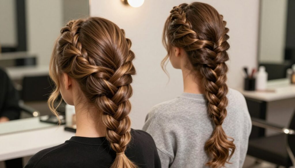 A beautifully styled Dutch braid in a salon setting, showcasing intricate weaving. The foreground features a close-up of the braid, highlighting the smooth, shiny strands of hair, and the artistry of the plaiting technique. In the middle, a model with modest casual clothing poses elegantly, her hair cascading into the braid that emphasizes texture and dimension. The background is softly blurred, featuring soft salon lighting that enhances the warmth and shine of the hair. The atmosphere is chic and inviting, perfect for a styling session. Emphasize a professional yet relaxed ambiance, with a focus on hair as an essential element of party hairstyles.