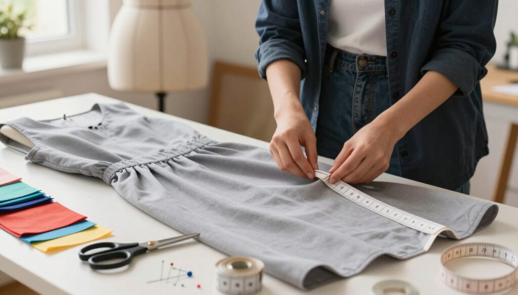 A beautifully styled image showcasing a sewing project focused on lengthening a dress using a fabric strip. In the foreground, a well-organized sewing workstation features a partially finished dress draped over a mannequin, with vibrant fabric swatches scattered around. A pair of tailored scissors, pins, and a tape measure are elegantly arranged nearby, indicating active design work. In the middle, a close-up view reveals the hands of a person, dressed in a smart, casual outfit, carefully pinning the fabric strip to the hem of the dress, demonstrating the process step by step. The background is softly blurred to highlight the crafting area, with warm, natural light filtering in through a nearby window, creating a cozy and inviting atmosphere. The overall mood reflects creativity and transformation, emphasizing a sense of empowerment through DIY fashion. A beautifully styled image showcasing a sewing project focused on lengthening a dress using a fabric strip. In the foreground, a well-organized sewing workstation features a partially finished dress draped over a mannequin, with vibrant fabric swatches scattered around. A pair of tailored scissors, pins, and a tape measure are elegantly arranged nearby, indicating active design work. In the middle, a close-up view reveals the hands of a person, dressed in a smart, casual outfit, carefully pinning the fabric strip to the hem of the dress, demonstrating the process step by step. The background is softly blurred to highlight the crafting area, with warm, natural light filtering in through a nearby window, creating a cozy and inviting atmosphere. The overall mood reflects creativity and transformation, emphasizing a sense of empowerment through DIY fashion.