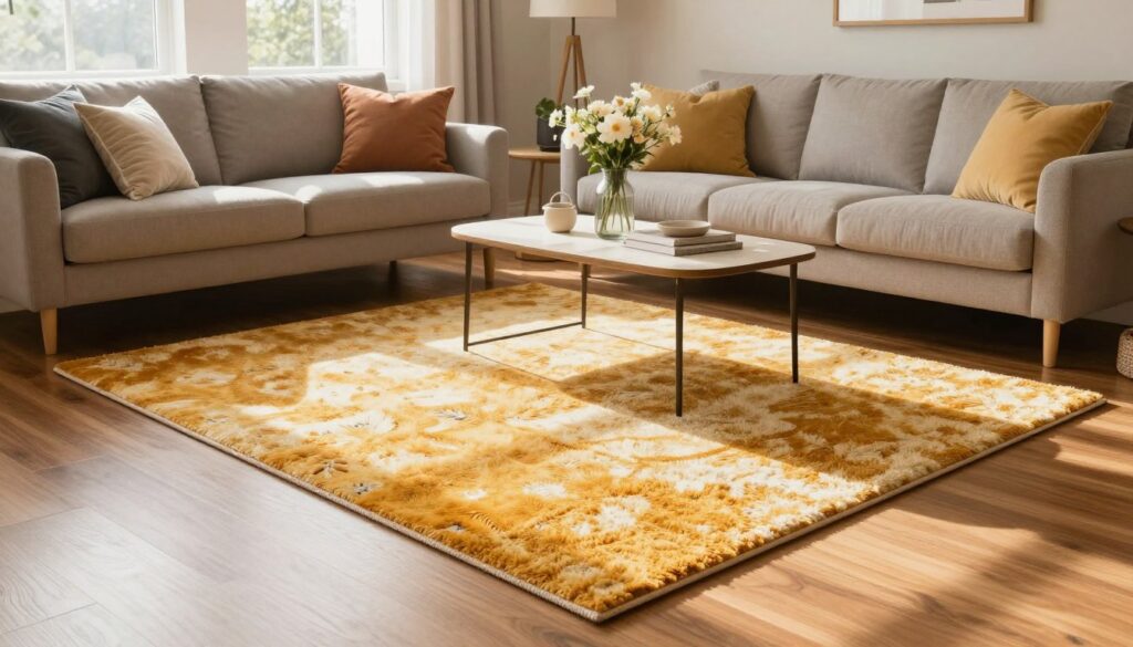 A beautifully styled living room featuring a perfectly sized area rug. In the foreground, a plush, vibrant rug lays elegantly on a polished wooden floor, surrounded by tasteful furniture, including a modern sofa and decorative coffee table. The middle ground shows soft throw pillows and a stylish vase with fresh flowers accentuating the inviting environment. In the background, large windows allow natural light to flood the room, casting warm shadows and highlighting the harmony of colors in the decor. The overall mood is cozy and well-organized, reflecting a serene and inviting atmosphere. The scene is captured from a slightly elevated angle to emphasize the rug's placement while keeping the entire living space in view, ensuring a balanced composition.