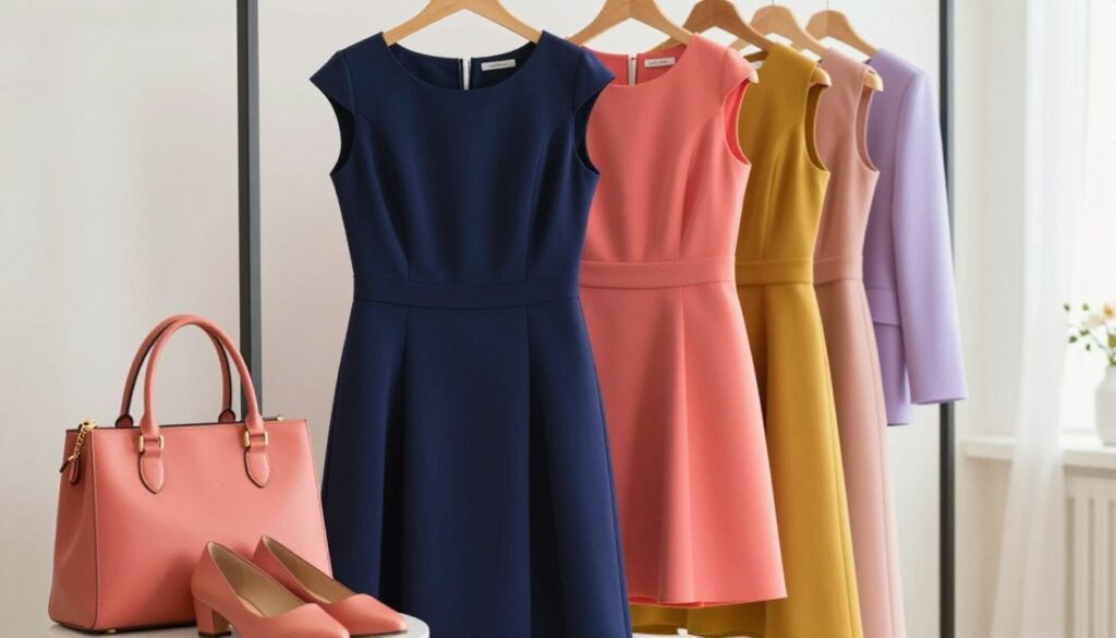 A beautifully styled outfit featuring a deep navy blue dress, elegantly contrasted with a variety of vibrant colors such as bright coral, soft lavender, and rich mustard. The ensemble is displayed on a sleek mannequin or hung on a stylish clothing rack. In the foreground, a tasteful assortment of accessories, including a bold handbag and coordinating shoes, adds to the vibrant color story. The background fades softly into a light, neutral-toned setting to emphasize the colors of the clothing. Natural lighting casts a gentle glow, enhancing the textures and hues, while a slightly blurred focus creates a dreamy atmosphere. The image captures a chic, sophisticated vibe suitable for wedding, communion, or professional settings, highlighting the charm of color contrasts with navy. A beautifully styled outfit featuring a deep navy blue dress, elegantly contrasted with a variety of vibrant colors such as bright coral, soft lavender, and rich mustard. The ensemble is displayed on a sleek mannequin or hung on a stylish clothing rack. In the foreground, a tasteful assortment of accessories, including a bold handbag and coordinating shoes, adds to the vibrant color story. The background fades softly into a light, neutral-toned setting to emphasize the colors of the clothing. Natural lighting casts a gentle glow, enhancing the textures and hues, while a slightly blurred focus creates a dreamy atmosphere. The image captures a chic, sophisticated vibe suitable for wedding, communion, or professional settings, highlighting the charm of color contrasts with navy.