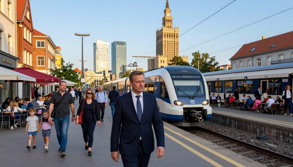 A bustling urban scene depicting the rhythm of life between Gdynia and Warsaw. In the foreground, capture a stylish commuter, dressed in professional business attire, navigating a busy train platform teeming with diverse people, including families and business professionals. The middle ground features a sleek modern train preparing to depart, flanked by colorful storefronts and cafés filled with patrons. In the background, iconic city skylines of Warsaw and Gdynia blend together under a clear blue sky during golden hour, providing soft, warm lighting that casts gentle shadows. The atmosphere should reflect a sense of connectivity and dynamic energy between the two cities, showcasing their unique blend of urban lifestyle and natural beauty. A bustling urban scene depicting the rhythm of life between Gdynia and Warsaw. In the foreground, capture a stylish commuter, dressed in professional business attire, navigating a busy train platform teeming with diverse people, including families and business professionals. The middle ground features a sleek modern train preparing to depart, flanked by colorful storefronts and cafés filled with patrons. In the background, iconic city skylines of Warsaw and Gdynia blend together under a clear blue sky during golden hour, providing soft, warm lighting that casts gentle shadows. The atmosphere should reflect a sense of connectivity and dynamic energy between the two cities, showcasing their unique blend of urban lifestyle and natural beauty.