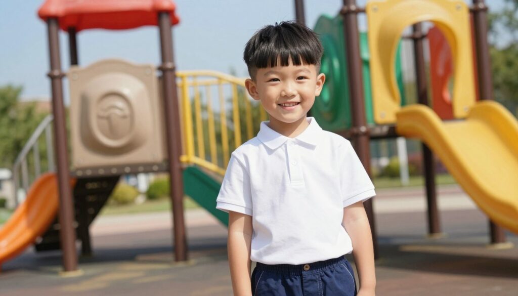 A cheerful young boy with a stylish short haircut and a trendy fringe stands in a well-lit school playground. His hair is neatly styled, showcasing the clean lines of a modern cut that's both fashionable and practical for school. The background features colorful playground equipment and a bright blue sky, conveying a vibrant, youthful energy. The boy is dressed in a smart-casual outfit, such as a polo shirt and comfortable shorts, reflecting a relaxed yet put-together look for school. The lighting is sunny and warm, creating an inviting atmosphere. The composition captures the boy from a slightly low angle to emphasize his hairstyle, focusing on his smile and confidence, while ensuring the image feels engaging and relatable to parents seeking stylish options for their children’s haircuts.