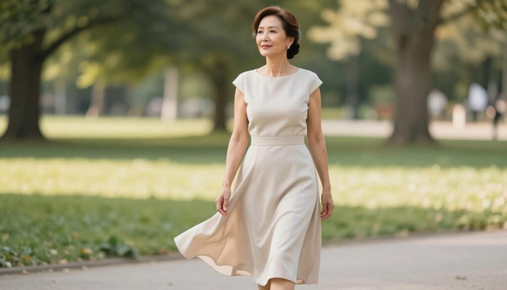 A chic, mid-length dress on a stylish 50-year-old woman stands confidently against a softly blurred outdoor park backdrop. The dress is elegantly tailored, featuring a fitted waist that flatters her silhouette, while its flowing skirt gently sways with the breeze. The woman has an air of sophistication, wearing minimal accessories, with her hair styled in a graceful updo. Soft, natural lighting bathes the scene, casting a warm glow on her skin. The angle is slightly above eye level, accentuating both the dress's design and the woman's poise. The overall mood is serene and empowering, showcasing how the right dress length can enhance body shape and befit various occasions, emphasizing beauty and grace. A chic, mid-length dress on a stylish 50-year-old woman stands confidently against a softly blurred outdoor park backdrop. The dress is elegantly tailored, featuring a fitted waist that flatters her silhouette, while its flowing skirt gently sways with the breeze. The woman has an air of sophistication, wearing minimal accessories, with her hair styled in a graceful updo. Soft, natural lighting bathes the scene, casting a warm glow on her skin. The angle is slightly above eye level, accentuating both the dress's design and the woman's poise. The overall mood is serene and empowering, showcasing how the right dress length can enhance body shape and befit various occasions, emphasizing beauty and grace.