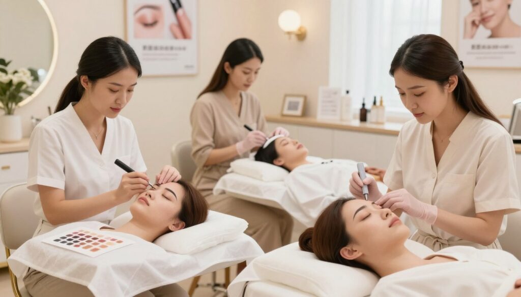 A clear, informative illustration comparing eyebrow pigmenting techniques and their associated discomfort levels. The foreground features two elegantly designed tables, one showing traditional tattooing with a slight indication of discomfort, and the other depicting microblading, suggesting a less invasive procedure. In the middle, a serene beauty salon setting is portrayed with professional beauty therapists dressed in modest attire, examining pigment samples. The background subtly displays posters detailing the techniques, creating an educational atmosphere. Soft, warm lighting allows for a welcoming, calming vibe throughout the space. The angle captures the entire scene in a balanced composition, inviting viewers to understand the nuances of each technique and their effects on discomfort perception. A clear, informative illustration comparing eyebrow pigmenting techniques and their associated discomfort levels. The foreground features two elegantly designed tables, one showing traditional tattooing with a slight indication of discomfort, and the other depicting microblading, suggesting a less invasive procedure. In the middle, a serene beauty salon setting is portrayed with professional beauty therapists dressed in modest attire, examining pigment samples. The background subtly displays posters detailing the techniques, creating an educational atmosphere. Soft, warm lighting allows for a welcoming, calming vibe throughout the space. The angle captures the entire scene in a balanced composition, inviting viewers to understand the nuances of each technique and their effects on discomfort perception.