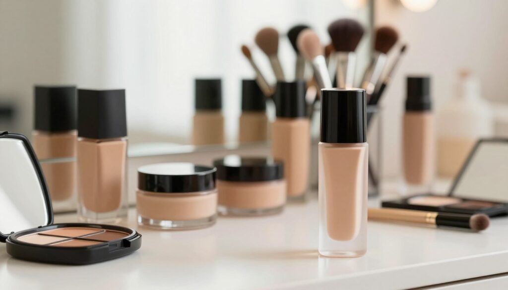 A close-up composition of a well-organized makeup vanity showcasing a variety of cosmetic products alongside a primer. In the foreground, feature a smooth, elegant bottle of makeup primer, reflecting soft ambient light. The middle layer should include an assortment of foundation jars, concealers, and brushes arranged artistically, hinting at how they can be paired with the primer. In the background, a softly blurred mirror reflects warm, natural lighting, creating a serene and inviting atmosphere. The overall mood should convey a sense of beauty and professionalism, with an emphasis on how the primer enhances skin texture and prepares it for the application of other makeup products. The scene should be inviting and organized, embodying the essence of a well-planned makeup routine. A close-up composition of a well-organized makeup vanity showcasing a variety of cosmetic products alongside a primer. In the foreground, feature a smooth, elegant bottle of makeup primer, reflecting soft ambient light. The middle layer should include an assortment of foundation jars, concealers, and brushes arranged artistically, hinting at how they can be paired with the primer. In the background, a softly blurred mirror reflects warm, natural lighting, creating a serene and inviting atmosphere. The overall mood should convey a sense of beauty and professionalism, with an emphasis on how the primer enhances skin texture and prepares it for the application of other makeup products. The scene should be inviting and organized, embodying the essence of a well-planned makeup routine.