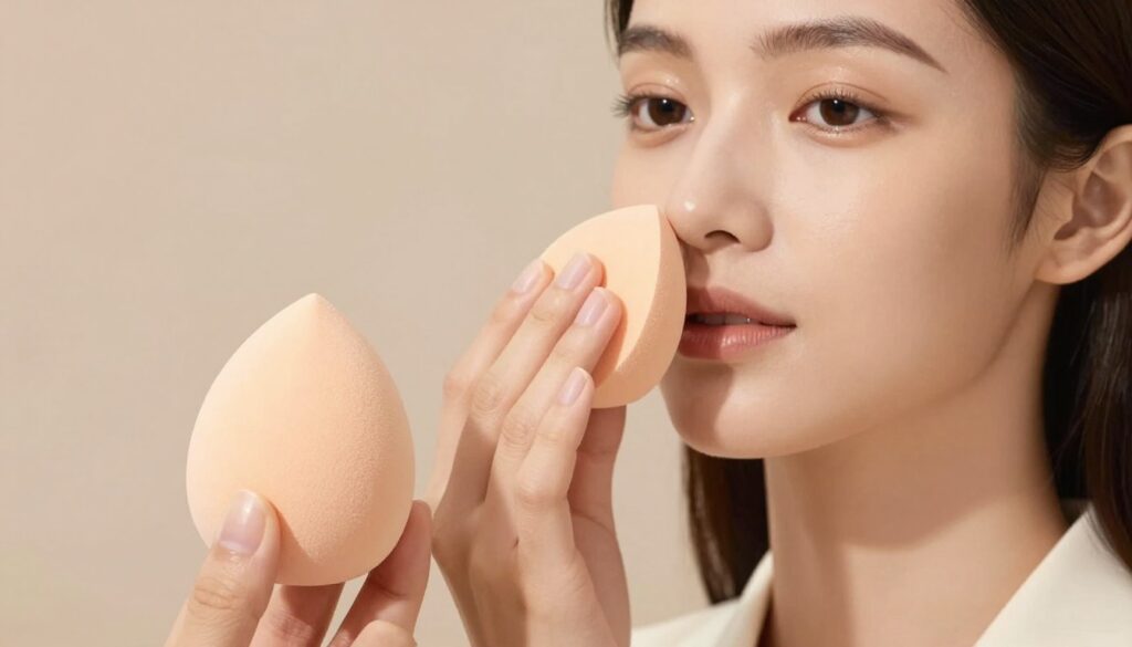 A close-up image of a makeup sponge in the foreground, demonstrating the stamping technique for flawless makeup application. The sponge, with its soft, rounded edges, is beautifully textured and moist, showcasing the right level of dampness. In the middle ground, a delicate hand gently presses the sponge onto a model’s cheek, capturing the action of applying a foundation in a dabbing motion. The model is dressed in a simple, elegant outfit, presenting a professional appearance, with soft, natural makeup that enhances her features. The background is softly blurred and lit with warm, diffused lighting to create an inviting, serene atmosphere. The focus is on the sponge and the application technique, without any distractions in the background, ensuring the viewer understands the subject matter perfectly. A close-up image of a makeup sponge in the foreground, demonstrating the stamping technique for flawless makeup application. The sponge, with its soft, rounded edges, is beautifully textured and moist, showcasing the right level of dampness. In the middle ground, a delicate hand gently presses the sponge onto a model’s cheek, capturing the action of applying a foundation in a dabbing motion. The model is dressed in a simple, elegant outfit, presenting a professional appearance, with soft, natural makeup that enhances her features. The background is softly blurred and lit with warm, diffused lighting to create an inviting, serene atmosphere. The focus is on the sponge and the application technique, without any distractions in the background, ensuring the viewer understands the subject matter perfectly.