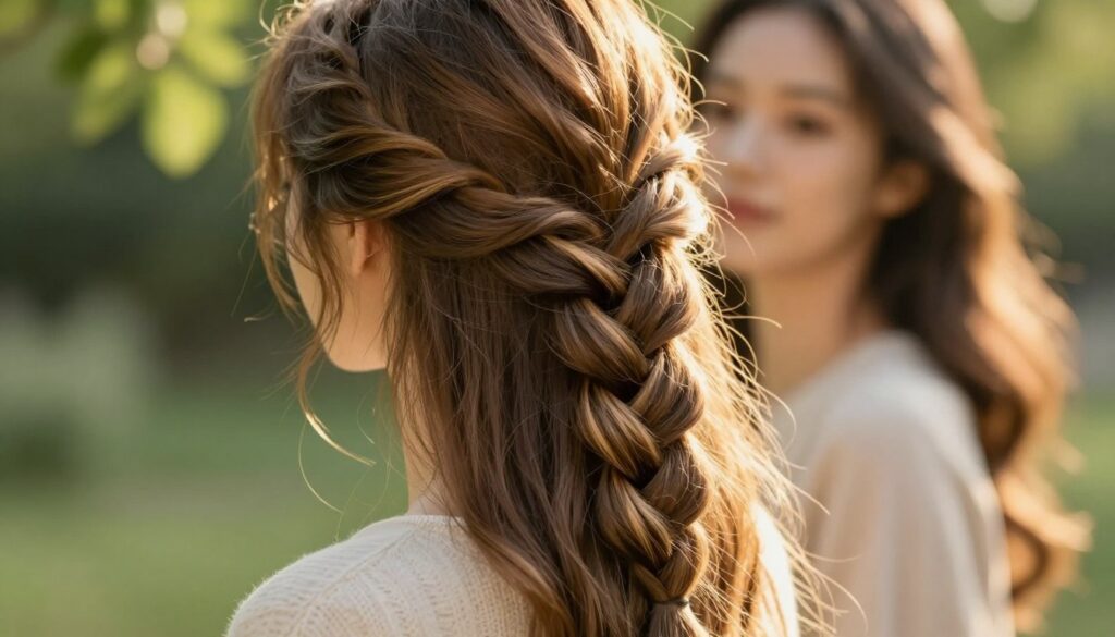 A close-up of a beautifully styled French braid on long, flowing hair, showcasing intricate weaving and texture. The foreground features the braid, accentuated with soft, golden highlights shimmering in the sunlight. The middle ground includes a gently blurred face of a woman with a serene expression, dressed in a modest, casual outfit, emphasizing a carefree, elegant mood. The background fades into a softly lit outdoor setting, with lush greenery suggesting a tranquil and natural atmosphere. The sunlight filters through the leaves, adding a warm glow, creating a dreamy, inviting scene that encapsulates the art of hairstyling and the elegance of the French braid. A close-up of a beautifully styled French braid on long, flowing hair, showcasing intricate weaving and texture. The foreground features the braid, accentuated with soft, golden highlights shimmering in the sunlight. The middle ground includes a gently blurred face of a woman with a serene expression, dressed in a modest, casual outfit, emphasizing a carefree, elegant mood. The background fades into a softly lit outdoor setting, with lush greenery suggesting a tranquil and natural atmosphere. The sunlight filters through the leaves, adding a warm glow, creating a dreamy, inviting scene that encapsulates the art of hairstyling and the elegance of the French braid.