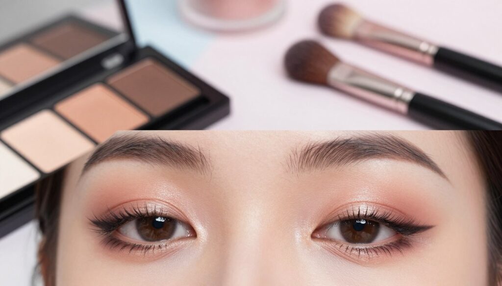 A close-up of beautifully highlighted eyes to showcase eye makeup techniques. The foreground features a pair of striking, elegantly made-up eyes with expertly applied eyeliner, mascara, and eyeshadow in soft, complementary colors. The middle section includes a minimalist makeup palette, brushes, and tools arranged artistically around the eyes, emphasizing the artistry required for eye enhancement. The background is softly blurred with pastel tones, creating a serene and professional atmosphere. Natural lighting illuminates the eyes, adding a gentle glow and highlighting the textures of the makeup, while a shallow depth of field draws focus to the eyes. The overall mood is sophisticated and inviting, perfect for beauty enthusiasts looking to elevate their eye makeup game. A close-up of beautifully highlighted eyes to showcase eye makeup techniques. The foreground features a pair of striking, elegantly made-up eyes with expertly applied eyeliner, mascara, and eyeshadow in soft, complementary colors. The middle section includes a minimalist makeup palette, brushes, and tools arranged artistically around the eyes, emphasizing the artistry required for eye enhancement. The background is softly blurred with pastel tones, creating a serene and professional atmosphere. Natural lighting illuminates the eyes, adding a gentle glow and highlighting the textures of the makeup, while a shallow depth of field draws focus to the eyes. The overall mood is sophisticated and inviting, perfect for beauty enthusiasts looking to elevate their eye makeup game.