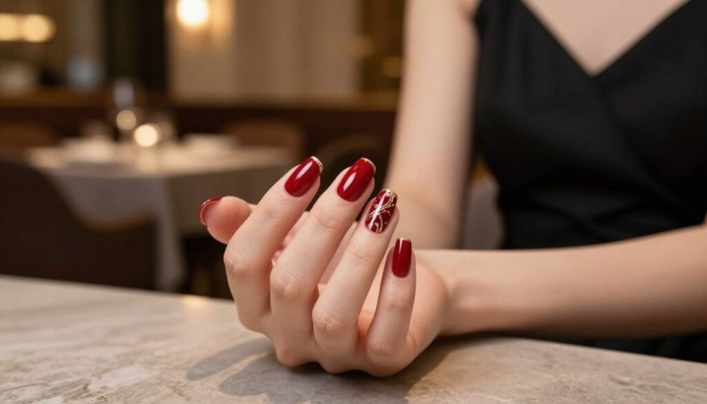 A close-up of elegantly manicured nails that perfectly complement a stylish black dress, emphasizing the harmony between the manicure and the dress design. The nails are painted in a glossy deep red with subtle gold accents, showcasing intricate nail art that reflects an evening elegance. In the background, softly blurred, is a sophisticated setting such as a dimly lit restaurant or an upscale wedding venue, adorned with ambient lighting creating a warm glow. The angle captures the nails resting delicately on a polished table surface, while the dress is partially visible, hinting at its flattering silhouette. The mood is chic and romantic, ideal for a wedding or a date night. The overall atmosphere is one of refined beauty and sophistication, with a focus on attention to detail and style.
