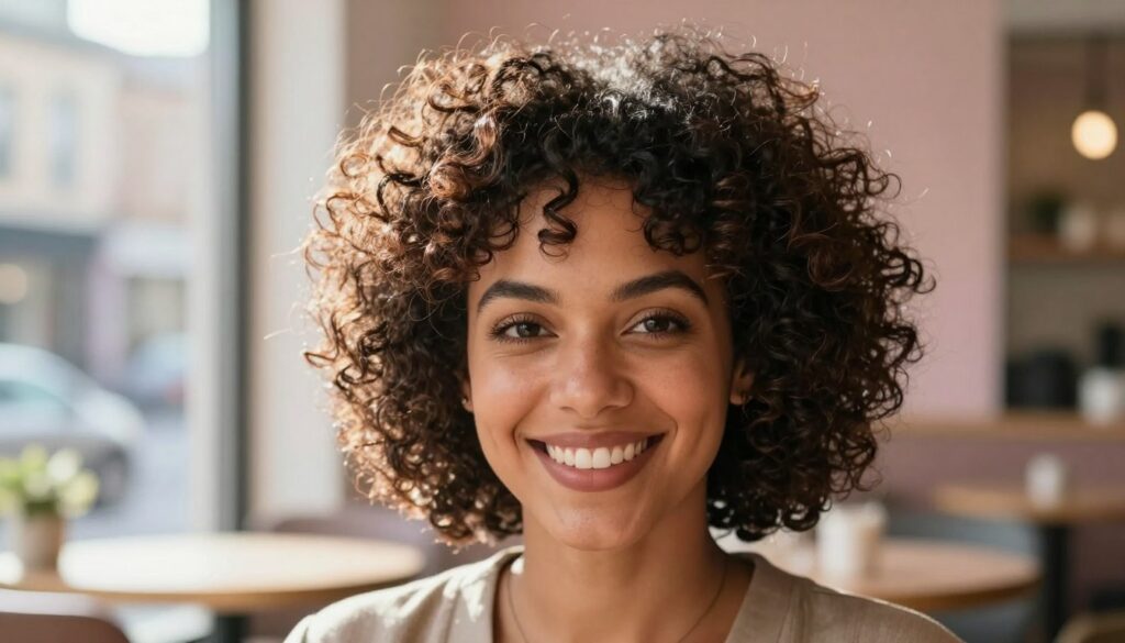 A close-up portrait of a confident woman with beautifully defined curly hair styled in a short, bold cut. The foreground features her radiant face, showcasing a warm smile and expressive eyes, while her voluminous curls frame her features elegantly. In the middle ground, soft sunlight cascades through a window, illuminating her hair and adding a gentle glow to her complexion. The background has a blurred urban café setting with soft pastel colors, enhancing the mood of creativity and confidence. The image captures a sense of empowerment and individuality, with a focus on the uniqueness of curly hair. The composition is shot at eye level using a 50mm lens to emphasize details. A close-up portrait of a confident woman with beautifully defined curly hair styled in a short, bold cut. The foreground features her radiant face, showcasing a warm smile and expressive eyes, while her voluminous curls frame her features elegantly. In the middle ground, soft sunlight cascades through a window, illuminating her hair and adding a gentle glow to her complexion. The background has a blurred urban café setting with soft pastel colors, enhancing the mood of creativity and confidence. The image captures a sense of empowerment and individuality, with a focus on the uniqueness of curly hair. The composition is shot at eye level using a 50mm lens to emphasize details.