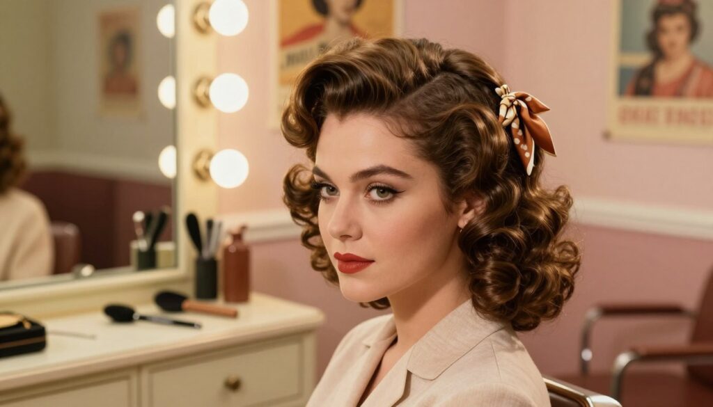 A close-up portrait of a retro hairstyle from the PRL era, featuring voluminous, well-styled curls with a glossy finish. The foreground showcases the model with neatly arranged hair, adorned with vintage hair accessories like a silk scarf. The middle ground includes a vintage hair salon setting, complete with old-fashioned hair styling tools and mirrors reflecting soft, warm light. The background features pastel-colored walls adorned with retro posters, creating a nostalgic atmosphere. The lighting is soft and diffused, highlighting the texture of the hair while adding a warm golden hour glow. The model is dressed in modest, elegant attire reminiscent of the 1970s, enhancing the overall vintage feel of the image, evoking a sense of charm and nostalgia. A close-up portrait of a retro hairstyle from the PRL era, featuring voluminous, well-styled curls with a glossy finish. The foreground showcases the model with neatly arranged hair, adorned with vintage hair accessories like a silk scarf. The middle ground includes a vintage hair salon setting, complete with old-fashioned hair styling tools and mirrors reflecting soft, warm light. The background features pastel-colored walls adorned with retro posters, creating a nostalgic atmosphere. The lighting is soft and diffused, highlighting the texture of the hair while adding a warm golden hour glow. The model is dressed in modest, elegant attire reminiscent of the 1970s, enhancing the overall vintage feel of the image, evoking a sense of charm and nostalgia.