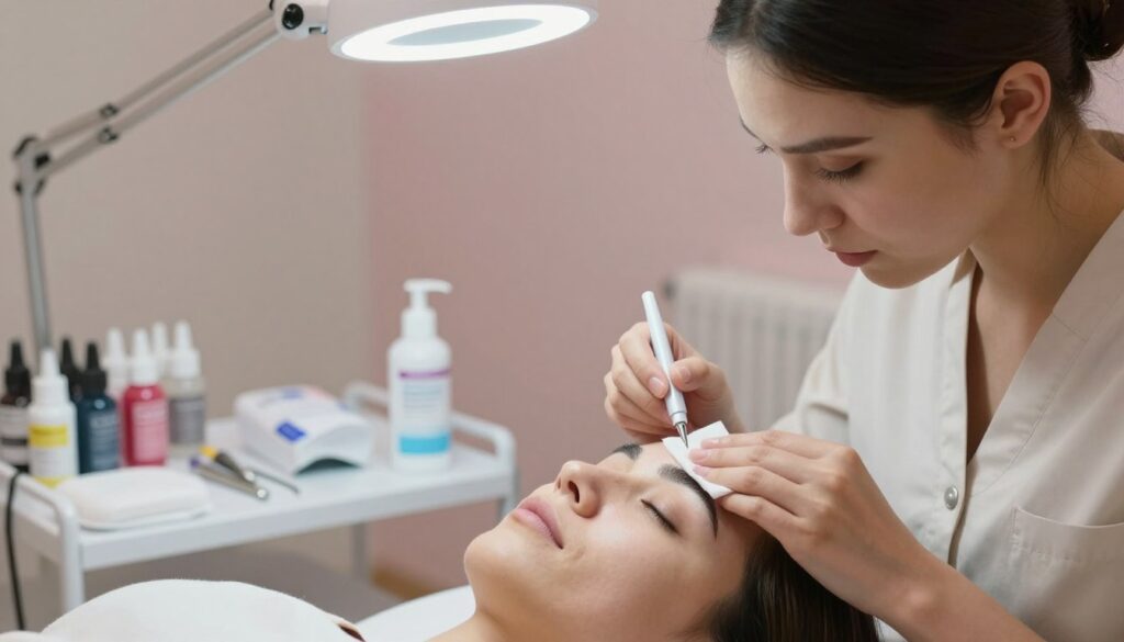 A close-up scene that illustrates the meticulous preparation of skin for micropigmentation. In the foreground, a professional cosmetologist, dressed in modest attire, carefully disinfects a client's eyebrow area with a cotton pad and antiseptic solution. The client, seated comfortably in a well-lit salon, displays a calm expression. In the middle, a clean, organized work station is visible, featuring tools such as pigments, needles, and a portable lamp. The background shows soft, ambient light and muted pastel walls, creating a serene atmosphere. The angle captures the detail of the skin preparation process, emphasizing cleanliness and professionalism. The overall mood conveys trust, expertise, and the precision of beauty treatments, focused entirely on the process of preparing for micropigmentation. A close-up scene that illustrates the meticulous preparation of skin for micropigmentation. In the foreground, a professional cosmetologist, dressed in modest attire, carefully disinfects a client's eyebrow area with a cotton pad and antiseptic solution. The client, seated comfortably in a well-lit salon, displays a calm expression. In the middle, a clean, organized work station is visible, featuring tools such as pigments, needles, and a portable lamp. The background shows soft, ambient light and muted pastel walls, creating a serene atmosphere. The angle captures the detail of the skin preparation process, emphasizing cleanliness and professionalism. The overall mood conveys trust, expertise, and the precision of beauty treatments, focused entirely on the process of preparing for micropigmentation.