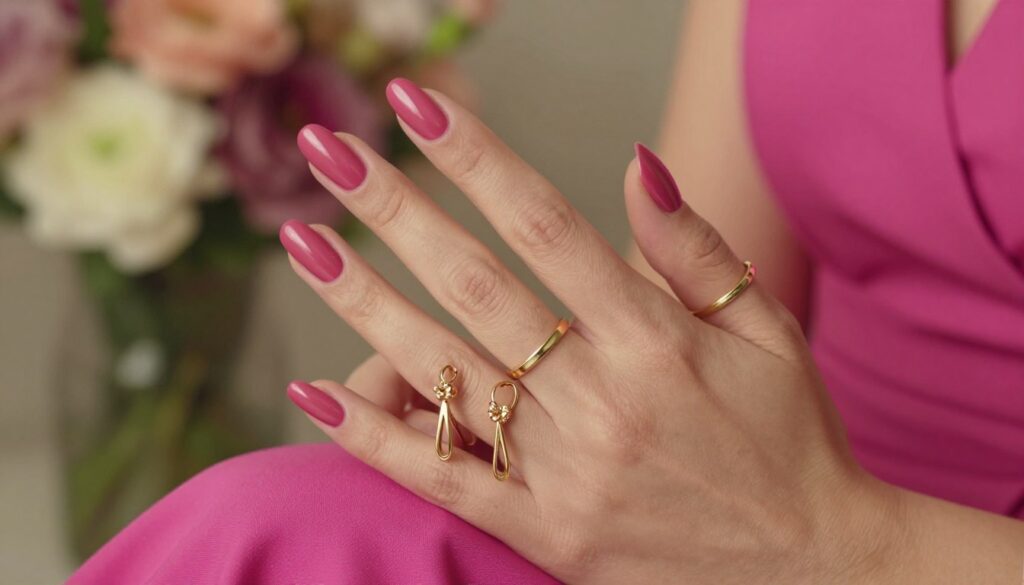 A close-up shot of elegantly manicured nails painted in a subtle fuchsia shade, perfectly complementing a fuchsia dress. The nails are adorned with delicate gold rings and a pair of stylish earrings placed softly in the foreground. A carefully arranged backdrop features a soft-focus floral arrangement in muted colors to enhance the elegant atmosphere, emphasizing the beauty of the jewelry without overwhelming the scene. The lighting is warm and inviting, casting a gentle glow on the nails and jewelry, revealing their intricate details. The angle captures the nails and jewelry prominently, creating a sophisticated visual that illustrates the significance of jewelry in selecting nail polish for a striking fashion statement. A close-up shot of elegantly manicured nails painted in a subtle fuchsia shade, perfectly complementing a fuchsia dress. The nails are adorned with delicate gold rings and a pair of stylish earrings placed softly in the foreground. A carefully arranged backdrop features a soft-focus floral arrangement in muted colors to enhance the elegant atmosphere, emphasizing the beauty of the jewelry without overwhelming the scene. The lighting is warm and inviting, casting a gentle glow on the nails and jewelry, revealing their intricate details. The angle captures the nails and jewelry prominently, creating a sophisticated visual that illustrates the significance of jewelry in selecting nail polish for a striking fashion statement.