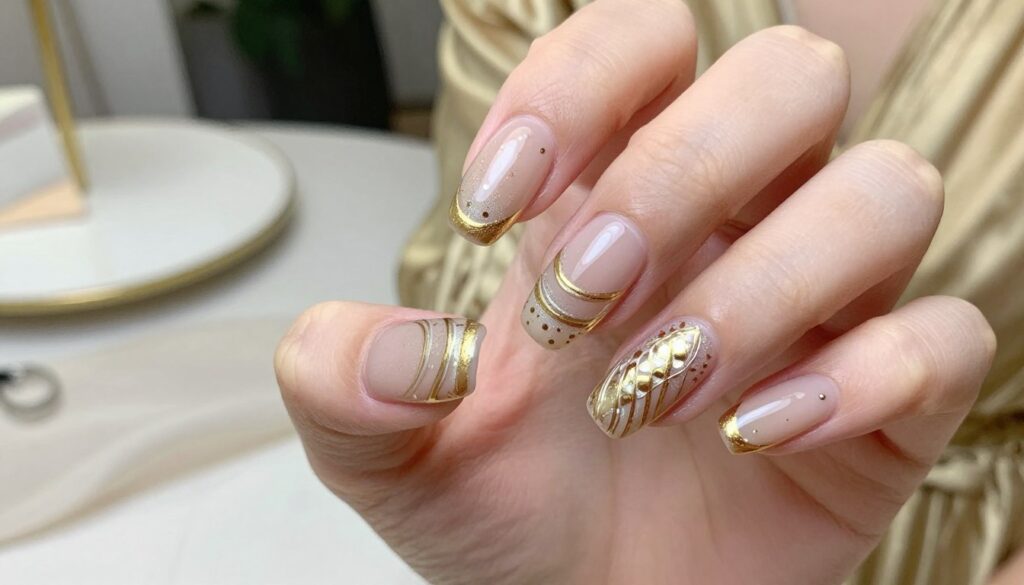 A close-up shot of manicured nails showcasing elegant gold accents and detailed nail art. The nails are painted in a soft, neutral color that complements the shimmering gold designs, featuring delicate patterns like stripes and dots, placed artfully on one or two accent nails. The focus is on the intricate details of the nail art, with a glossy finish reflecting soft, diffused natural light. In the background, a blurred sophisticated setting, such as a stylish table or elegant fabric, enhances the luxurious feel without distracting from the nails. The atmosphere conveys sophistication and elegance, perfect for pairing with a gold dress. The composition is sharp and vivid, emphasizing the gentle sparkle of the gold against the subtle base color. A close-up shot of manicured nails showcasing elegant gold accents and detailed nail art. The nails are painted in a soft, neutral color that complements the shimmering gold designs, featuring delicate patterns like stripes and dots, placed artfully on one or two accent nails. The focus is on the intricate details of the nail art, with a glossy finish reflecting soft, diffused natural light. In the background, a blurred sophisticated setting, such as a stylish table or elegant fabric, enhances the luxurious feel without distracting from the nails. The atmosphere conveys sophistication and elegance, perfect for pairing with a gold dress. The composition is sharp and vivid, emphasizing the gentle sparkle of the gold against the subtle base color.