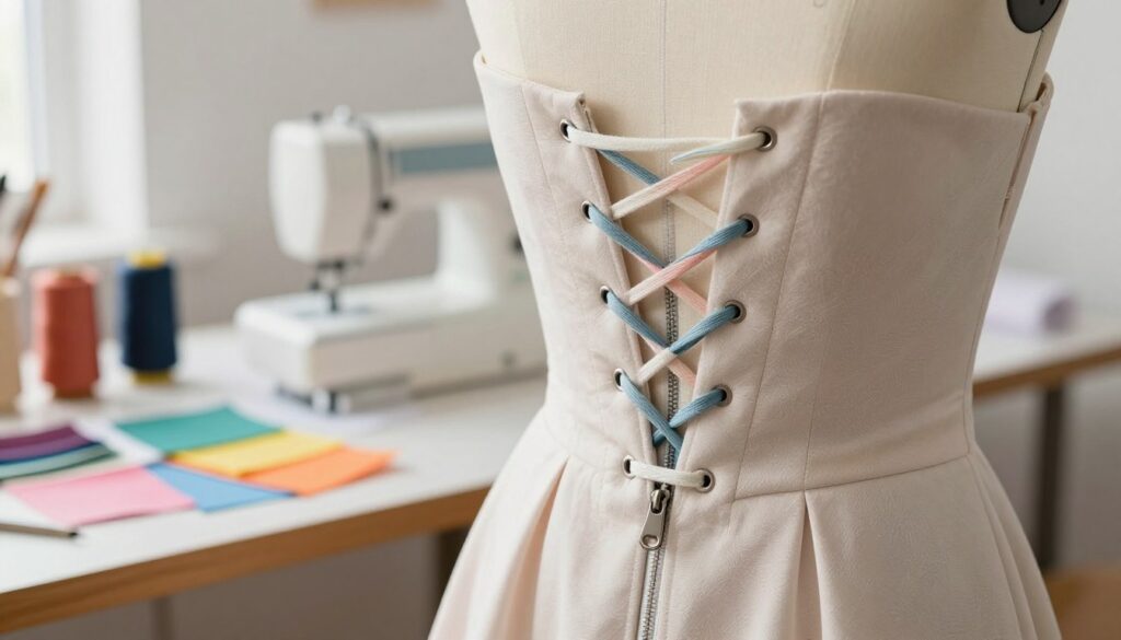 A close-up view of a beautifully designed dress featuring a corset lacing detail replacing a zipper, highlighting the craftsmanship. The foreground includes a tailored dress on a mannequin, showcasing intricate lacing in contrasting colors against a soft fabric texture. In the middle ground, a workspace with sewing tools, vibrant fabric swatches, and threads adds context, emphasizing the design process. The background features soft, diffused lighting, creating an inviting atmosphere, while a delicate focus directs attention to the craftsmanship of the corset detail. The overall mood is creative and artistic, inspiring interest in dress alteration techniques. A close-up view of a beautifully designed dress featuring a corset lacing detail replacing a zipper, highlighting the craftsmanship. The foreground includes a tailored dress on a mannequin, showcasing intricate lacing in contrasting colors against a soft fabric texture. In the middle ground, a workspace with sewing tools, vibrant fabric swatches, and threads adds context, emphasizing the design process. The background features soft, diffused lighting, creating an inviting atmosphere, while a delicate focus directs attention to the craftsmanship of the corset detail. The overall mood is creative and artistic, inspiring interest in dress alteration techniques.