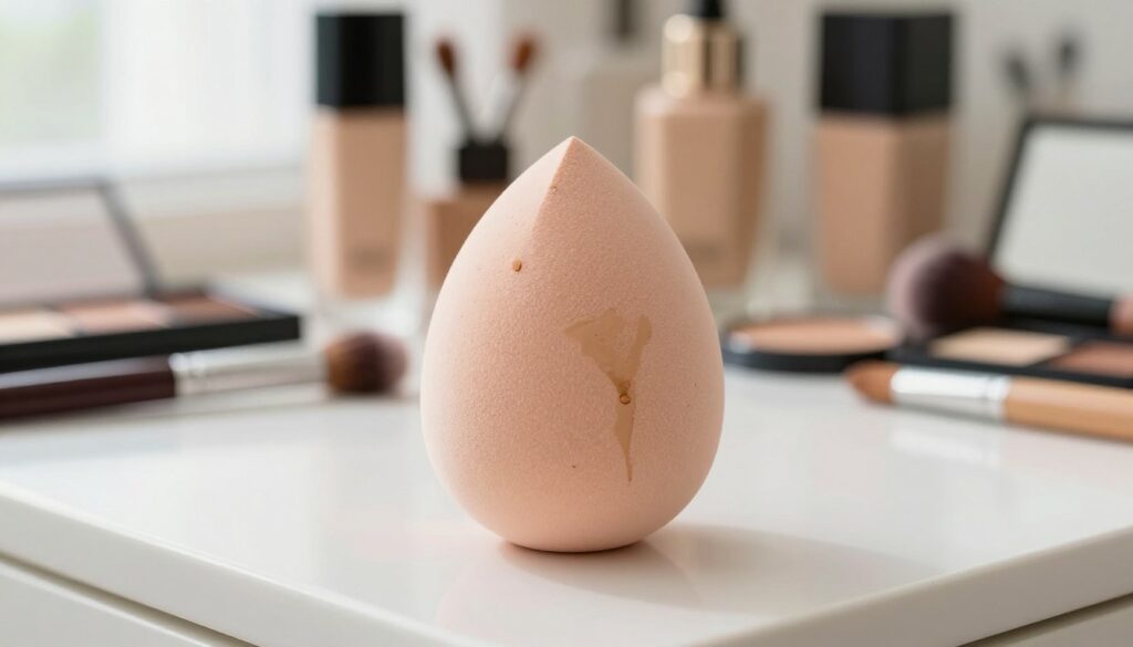 A close-up view of a beauty sponge in the foreground, sitting on a clean, elegant vanity surface. The sponge is slightly damp and displaying subtle imperfections, showcasing common mistakes in makeup application, such as uneven texture and streaks of foundation. In the background, soft, diffused natural light filters in from a window, creating a serene and inviting atmosphere. A blurred array of makeup products like foundations, brushes, and palettes can be seen behind the sponge, hinting at a beauty routine. The entire scene is captured with a shallow depth of field, emphasizing the sponge while maintaining a clean and clutter-free aesthetic, evoking a sense of professionalism and care in makeup application. A close-up view of a beauty sponge in the foreground, sitting on a clean, elegant vanity surface. The sponge is slightly damp and displaying subtle imperfections, showcasing common mistakes in makeup application, such as uneven texture and streaks of foundation. In the background, soft, diffused natural light filters in from a window, creating a serene and inviting atmosphere. A blurred array of makeup products like foundations, brushes, and palettes can be seen behind the sponge, hinting at a beauty routine. The entire scene is captured with a shallow depth of field, emphasizing the sponge while maintaining a clean and clutter-free aesthetic, evoking a sense of professionalism and care in makeup application.
