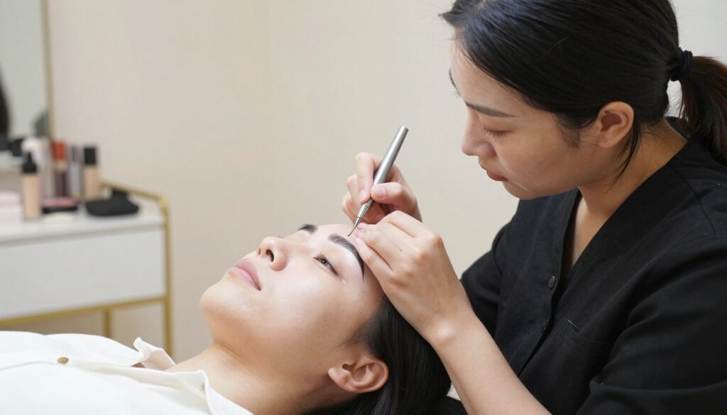 A close-up view of a professional aesthetician carefully performing a permanent eyebrow makeup procedure on a seated client in a well-lit salon. The aesthetician, dressed in a smart black uniform, focuses intently on painting the eyebrows with precise strokes, showcasing the fine, natural-looking pigments. The client, wearing a simple white blouse, has a serene expression, with soft lighting that highlights her features and the tool being used. The background is softly blurred, featuring elegant salon decor, such as a wall of makeup products and a mirror, creating a calming and professional atmosphere. The mood is focused and serene, emphasizing the artistry and skill involved in permanent makeup. A close-up view of a professional aesthetician carefully performing a permanent eyebrow makeup procedure on a seated client in a well-lit salon. The aesthetician, dressed in a smart black uniform, focuses intently on painting the eyebrows with precise strokes, showcasing the fine, natural-looking pigments. The client, wearing a simple white blouse, has a serene expression, with soft lighting that highlights her features and the tool being used. The background is softly blurred, featuring elegant salon decor, such as a wall of makeup products and a mirror, creating a calming and professional atmosphere. The mood is focused and serene, emphasizing the artistry and skill involved in permanent makeup.