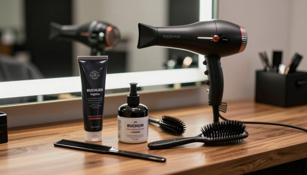 A close-up view of a professional barber’s workspace, featuring essential hair styling tools for achieving the perfect pompadour hairstyle. In the foreground, a sleek comb, high-quality hair gel, and a round brush are artistically arranged on a polished wooden table. The middle layer showcases a state-of-the-art hairdryer with a diffuser attachment, radiating soft light. In the background, a large mirror reflects a stylish salon atmosphere with subtle bokeh effects, enhancing the mood of a modern grooming space. The soft, diffused lighting casts gentle shadows, creating an inviting and professional ambiance. Ensure all elements are well-lit to highlight the textures of the tools, embodying a sense of sophistication and expertise in hairstyling.