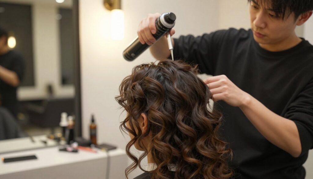A close-up view of a professional hairstylist in a modern salon setting, carefully applying a strong hold hair spray to a beautiful, elegant hairstyle that features loose curls cascading down the shoulders. The hairstylist is dressed in smart casual attire, with a focused expression that conveys expertise and passion. The background contains stylish salon décor with soft lighting that creates a warm and inviting ambiance. The scene captures the essence of hair styling for an event, emphasizing the importance of hair setting for a night out. The angle is slightly above eye level, showcasing the textures of the hair and the precision of the styling process, while soft bokeh effects add depth to the image, enhancing the overall mood of sophistication and creativity.