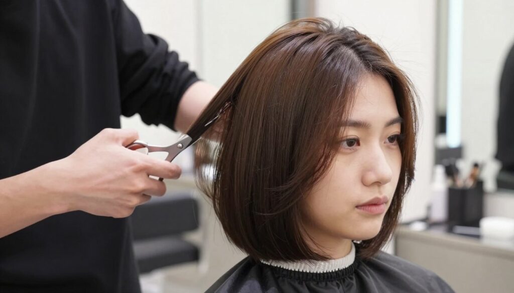 A close-up view of a professional hairstylist trimming a semi-long, layered bob hairstyle on a female model in a salon setting. The model has an oval face shape, showcasing how the hairstyle frames her features elegantly. Bright, soft lighting highlights the shine and texture of her hair, while mirrors in the background reflect the busy yet inviting atmosphere of the salon. The stylist, dressed in smart casual attire, is focused on the cut, using precision scissors. The overall mood is calm and stylish, emphasizing the artistic process of tailoring a haircut to complement the model's face shape. The image excludes any text or branding elements, focusing solely on the hairstyle and the interaction between the stylist and the model. A close-up view of a professional hairstylist trimming a semi-long, layered bob hairstyle on a female model in a salon setting. The model has an oval face shape, showcasing how the hairstyle frames her features elegantly. Bright, soft lighting highlights the shine and texture of her hair, while mirrors in the background reflect the busy yet inviting atmosphere of the salon. The stylist, dressed in smart casual attire, is focused on the cut, using precision scissors. The overall mood is calm and stylish, emphasizing the artistic process of tailoring a haircut to complement the model's face shape. The image excludes any text or branding elements, focusing solely on the hairstyle and the interaction between the stylist and the model.