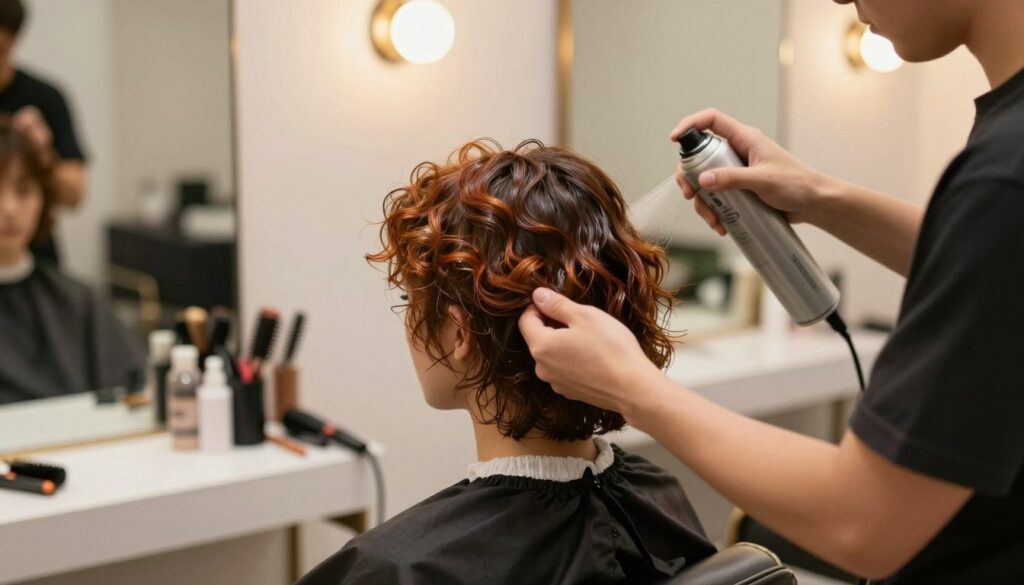 A close-up view of a professional stylist preparing short hair for beachy waves. In the foreground, a stylist with modest casual clothing is focused on applying a texturizing spray to the model's hair, showcasing the vibrant, glossy hair texture. The model, seated in a stylish salon chair, has a relaxed expression, embodying a serene atmosphere. In the middle ground, an array of hair styling tools like curling wands and brushes are neatly organized on a salon table, highlighting the preparation process. The background features softly blurred salon elements with warm, inviting lighting emanating from overhead fixtures, creating a cozy and professional salon environment. The overall mood is calm and encouraging, reflective of a beauty transformation journey. A close-up view of a professional stylist preparing short hair for beachy waves. In the foreground, a stylist with modest casual clothing is focused on applying a texturizing spray to the model's hair, showcasing the vibrant, glossy hair texture. The model, seated in a stylish salon chair, has a relaxed expression, embodying a serene atmosphere. In the middle ground, an array of hair styling tools like curling wands and brushes are neatly organized on a salon table, highlighting the preparation process. The background features softly blurred salon elements with warm, inviting lighting emanating from overhead fixtures, creating a cozy and professional salon environment. The overall mood is calm and encouraging, reflective of a beauty transformation journey.