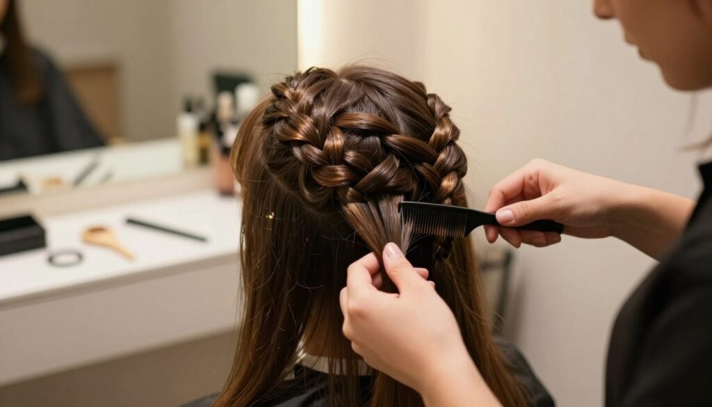 A close-up view of a skilled hairstylist preparing hair for a French braid. The foreground features the hairstylist, a woman in a professional outfit, gently sectioning shiny, healthy hair with a fine-tooth comb. The middle ground shows the hair being neatly organized into three parts, ready for braiding, with subtle textures and highlights reflecting soft light. The background is a softly blurred salon environment, showcasing professional tools like hair ties and clips on a stylish counter. The warm ambient lighting creates a cozy atmosphere, emphasizing the beauty and intricacy of the hairstyling process. The focus is on the meticulous preparation before creating the braid, illuminating the art of hairdressing in a serene and aesthetically pleasing setting. A close-up view of a skilled hairstylist preparing hair for a French braid. The foreground features the hairstylist, a woman in a professional outfit, gently sectioning shiny, healthy hair with a fine-tooth comb. The middle ground shows the hair being neatly organized into three parts, ready for braiding, with subtle textures and highlights reflecting soft light. The background is a softly blurred salon environment, showcasing professional tools like hair ties and clips on a stylish counter. The warm ambient lighting creates a cozy atmosphere, emphasizing the beauty and intricacy of the hairstyling process. The focus is on the meticulous preparation before creating the braid, illuminating the art of hairdressing in a serene and aesthetically pleasing setting.