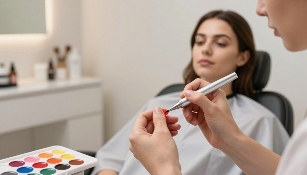 A close-up view of a skilled technician applying vibrant pigments to a client's skin in a modern beauty studio. The foreground showcases the technician's focused hands, holding a precise applicator tool, with a palette of rich colors nearby. The middle ground features the client's calm expression, as they sit comfortably in a salon chair, draped in a protective cape. The background reveals soft, diffused lighting that enhances the natural skin tones and the glossy texture of the pigments, while elegant, minimalist decor suggests a professional environment. The atmosphere is serene and professional, emphasizing the importance of technique and quality in pigment application. A close-up view of a skilled technician applying vibrant pigments to a client's skin in a modern beauty studio. The foreground showcases the technician's focused hands, holding a precise applicator tool, with a palette of rich colors nearby. The middle ground features the client's calm expression, as they sit comfortably in a salon chair, draped in a protective cape. The background reveals soft, diffused lighting that enhances the natural skin tones and the glossy texture of the pigments, while elegant, minimalist decor suggests a professional environment. The atmosphere is serene and professional, emphasizing the importance of technique and quality in pigment application.