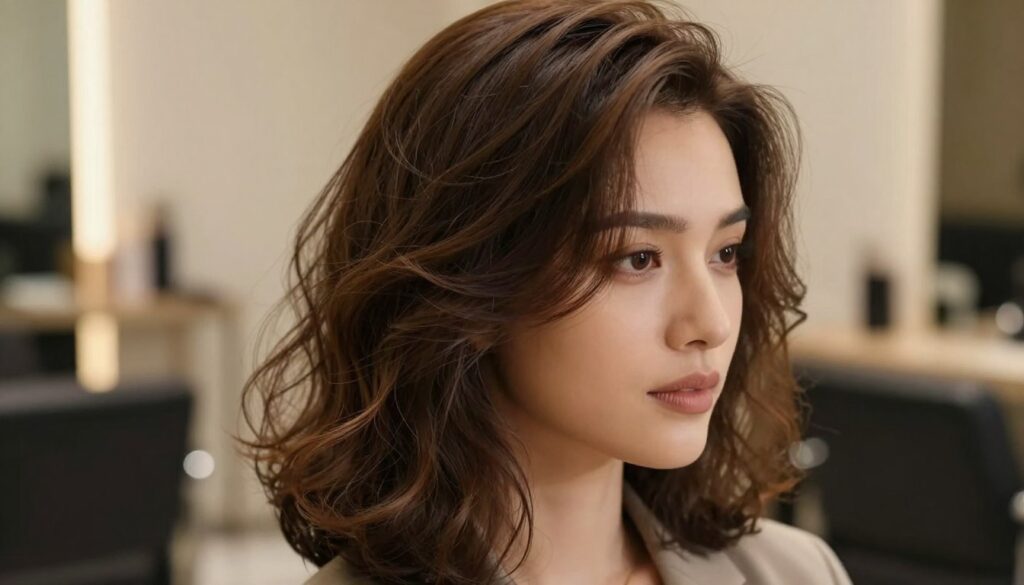 A close-up view of a woman with fine hair styled elegantly, showcasing a voluminous hairstyle that appears effortlessly chic. The foreground highlights the texture of her soft, delicate strands cascading lightly around her face, emphasizing movement and fullness. In the middle ground, subtle waves add body, while maintaining a natural look. The background is a softly blurred salon setting with warm, inviting lighting, enhancing the overall atmosphere of comfort and professionalism. The woman is wearing modest, professional business attire, exuding confidence. A gentle light source shines from the left, creating soft shadows that add depth to the hair. The image evokes a sense of elegance and sophistication, ideal for illustrating tips on hairstyles that add volume to fine hair without difficult styling. A close-up view of a woman with fine hair styled elegantly, showcasing a voluminous hairstyle that appears effortlessly chic. The foreground highlights the texture of her soft, delicate strands cascading lightly around her face, emphasizing movement and fullness. In the middle ground, subtle waves add body, while maintaining a natural look. The background is a softly blurred salon setting with warm, inviting lighting, enhancing the overall atmosphere of comfort and professionalism. The woman is wearing modest, professional business attire, exuding confidence. A gentle light source shines from the left, creating soft shadows that add depth to the hair. The image evokes a sense of elegance and sophistication, ideal for illustrating tips on hairstyles that add volume to fine hair without difficult styling.