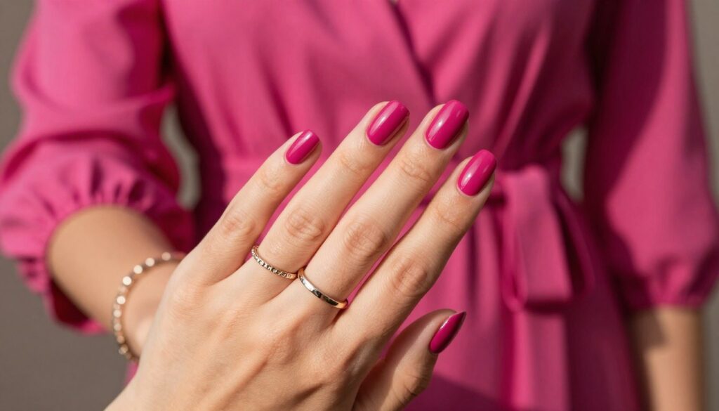 A close-up view of elegantly manicured nails featuring a sophisticated fuchsia nail polish that complements a stylish outfit. The nails are adorned with subtle, coordinated accessories such as delicate rings and bracelets that harmonize with the colors and textures of the nails, creating a cohesive look. In the middle ground, a soft-focus image of a flowing fuchsia dress gently drapes in the background, enhancing the color theme without overpowering the main focus. The lighting is warm and inviting, casting soft, natural shadows that add depth. The overall atmosphere is chic and refined, capturing the essence of a polished ensemble. The composition should evoke a sense of elegance and consistency, highlighting the importance of accessory harmony in fashion. A close-up view of elegantly manicured nails featuring a sophisticated fuchsia nail polish that complements a stylish outfit. The nails are adorned with subtle, coordinated accessories such as delicate rings and bracelets that harmonize with the colors and textures of the nails, creating a cohesive look. In the middle ground, a soft-focus image of a flowing fuchsia dress gently drapes in the background, enhancing the color theme without overpowering the main focus. The lighting is warm and inviting, casting soft, natural shadows that add depth. The overall atmosphere is chic and refined, capturing the essence of a polished ensemble. The composition should evoke a sense of elegance and consistency, highlighting the importance of accessory harmony in fashion.