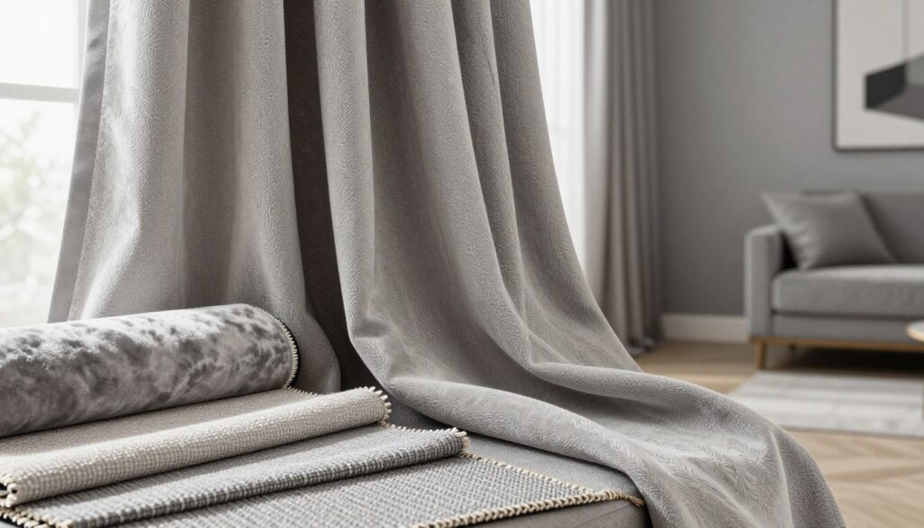 A close-up view of luxurious curtain fabric with rich textures and patterns, emphasizing the play of light on the materials. In the foreground, showcase a variety of fabric swatches in soft gray tones, displaying velvet, silk, and woven textures, layered artistically. The middle ground includes a stylishly arranged display of these fabrics draped elegantly, with hints of natural light illuminating their details. The background features a subtle, modern living room setting with soft gray walls and a minimalistic design, creating an inviting atmosphere. The overall mood is serene and sophisticated, inviting warmth and comfort, while highlighting the impact of material choice on interior design.