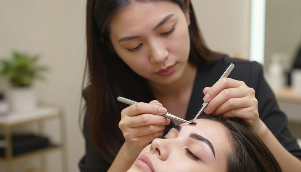 A close-up view of well-groomed eyebrows being carefully shaped by a beautician using precise tools. The foreground features delicate tweezers and a small brush, emphasizing the meticulous process of eyebrow care. In the middle ground, a focused aesthetician, dressed in professional attire, attentively works on the brows of a client with natural makeup, highlighting the importance of skincare and brow maintenance post-permanent makeup. The background is softly blurred, showcasing a cozy, well-lit beauty salon environment adorned with calming decor and plants, creating a serene atmosphere. The lighting is warm and inviting, casting soft shadows that enhance detail. The mood is professional yet relaxed, reflecting the care and attention given to ensuring lasting results in eyebrow aesthetics. A close-up view of well-groomed eyebrows being carefully shaped by a beautician using precise tools. The foreground features delicate tweezers and a small brush, emphasizing the meticulous process of eyebrow care. In the middle ground, a focused aesthetician, dressed in professional attire, attentively works on the brows of a client with natural makeup, highlighting the importance of skincare and brow maintenance post-permanent makeup. The background is softly blurred, showcasing a cozy, well-lit beauty salon environment adorned with calming decor and plants, creating a serene atmosphere. The lighting is warm and inviting, casting soft shadows that enhance detail. The mood is professional yet relaxed, reflecting the care and attention given to ensuring lasting results in eyebrow aesthetics.