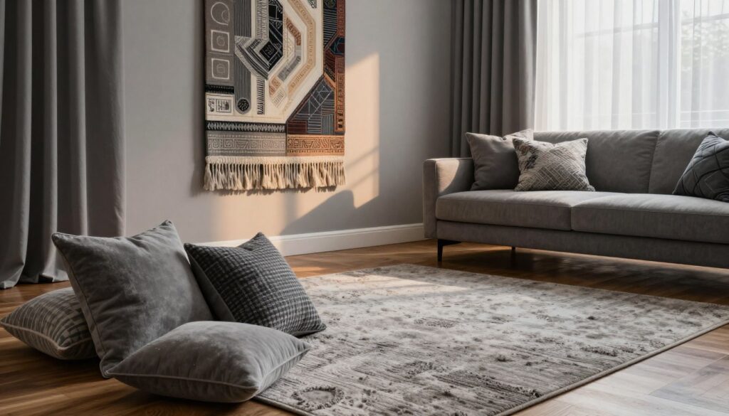 A cozy and elegant gray living room showcasing textile and wall decoration elements that add character to the space. In the foreground, there are plush cushions in various shades of gray, with patterns and textures adding depth. In the middle ground, a stylish, textured area rug on a polished wooden floor complements the furniture. An eye-catching, artistic wall hanging made of fabric with intricate designs and colors enhances the room's aesthetic. Soft, ambient lighting filters through sheer curtains, casting warm shadows. The background features a sleek, modern sofa adorned with decorative pillows. The atmosphere is inviting and sophisticated, perfect for a serene yet character-filled space. Capture the scene from a slight angle to emphasize the depth and layering of textures. A cozy and elegant gray living room showcasing textile and wall decoration elements that add character to the space. In the foreground, there are plush cushions in various shades of gray, with patterns and textures adding depth. In the middle ground, a stylish, textured area rug on a polished wooden floor complements the furniture. An eye-catching, artistic wall hanging made of fabric with intricate designs and colors enhances the room's aesthetic. Soft, ambient lighting filters through sheer curtains, casting warm shadows. The background features a sleek, modern sofa adorned with decorative pillows. The atmosphere is inviting and sophisticated, perfect for a serene yet character-filled space. Capture the scene from a slight angle to emphasize the depth and layering of textures.