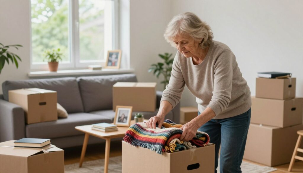 A cozy and inviting living room scene captures Teresa Lipowska, an elderly woman dressed in modest casual clothing, gently packing boxes for her move from a house to an apartment in urban Ursynów, Warsaw. In the foreground, she arranges a colorful throw blanket over a box, surrounded by packed belongings reflecting her life—books, framed photographs, and decorative items. The middle ground features a stylish couch and a wooden coffee table partly covered with more boxes, hinting at a busy moving day. The background shows a window with soft natural light flooding in, illuminating the fresh paints on the walls and the greenery of a tree outside. The atmosphere is warm, nostalgic, and hopeful, conveying a sense of new beginnings. A cozy and inviting living room scene captures Teresa Lipowska, an elderly woman dressed in modest casual clothing, gently packing boxes for her move from a house to an apartment in urban Ursynów, Warsaw. In the foreground, she arranges a colorful throw blanket over a box, surrounded by packed belongings reflecting her life—books, framed photographs, and decorative items. The middle ground features a stylish couch and a wooden coffee table partly covered with more boxes, hinting at a busy moving day. The background shows a window with soft natural light flooding in, illuminating the fresh paints on the walls and the greenery of a tree outside. The atmosphere is warm, nostalgic, and hopeful, conveying a sense of new beginnings.