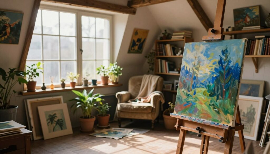 A cozy artist's attic filled with creative energy, featuring large, rustic windows that let in soft, warm sunlight, illuminating art supplies and canvas strewn about. In the foreground, an easel holds a partially finished painting, vibrant hues of blues and greens reflecting the artist's inspiration. The middle ground showcases a comfortable corner with a vintage armchair draped with fabric, surrounded by plants that add a touch of life. The background reveals sloped ceilings adorned with unique artwork and shelves brimming with books and memorabilia, hinting at the artist's rich history. The scene conveys a peaceful, introspective atmosphere, evoking a sense of artistic sanctuary. Capture the image with a soft-focus effect, highlighting the play of light and shadows for a serene, inviting feel. A cozy artist's attic filled with creative energy, featuring large, rustic windows that let in soft, warm sunlight, illuminating art supplies and canvas strewn about. In the foreground, an easel holds a partially finished painting, vibrant hues of blues and greens reflecting the artist's inspiration. The middle ground showcases a comfortable corner with a vintage armchair draped with fabric, surrounded by plants that add a touch of life. The background reveals sloped ceilings adorned with unique artwork and shelves brimming with books and memorabilia, hinting at the artist's rich history. The scene conveys a peaceful, introspective atmosphere, evoking a sense of artistic sanctuary. Capture the image with a soft-focus effect, highlighting the play of light and shadows for a serene, inviting feel.