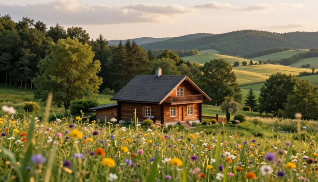 A cozy house nestled between lush green forests and vibrant fields during golden hour. In the foreground, wildflowers sway gently in the breeze, adding pops of color. The middle ground features the charming wooden home with a rustic, inviting exterior, surrounded by tall trees and fields stretching into the distance. The background reveals rolling hills under a slightly clouded sky, casting soft, diffused light across the scene. The atmosphere is tranquil and serene, evoking a sense of harmony between nature and living space. Capture the essence of rural life, where the home serves as a refuge and a link to the landscape. Focus on a wide-angle view to enhance depth and richness in this idyllic setting. A cozy house nestled between lush green forests and vibrant fields during golden hour. In the foreground, wildflowers sway gently in the breeze, adding pops of color. The middle ground features the charming wooden home with a rustic, inviting exterior, surrounded by tall trees and fields stretching into the distance. The background reveals rolling hills under a slightly clouded sky, casting soft, diffused light across the scene. The atmosphere is tranquil and serene, evoking a sense of harmony between nature and living space. Capture the essence of rural life, where the home serves as a refuge and a link to the landscape. Focus on a wide-angle view to enhance depth and richness in this idyllic setting.