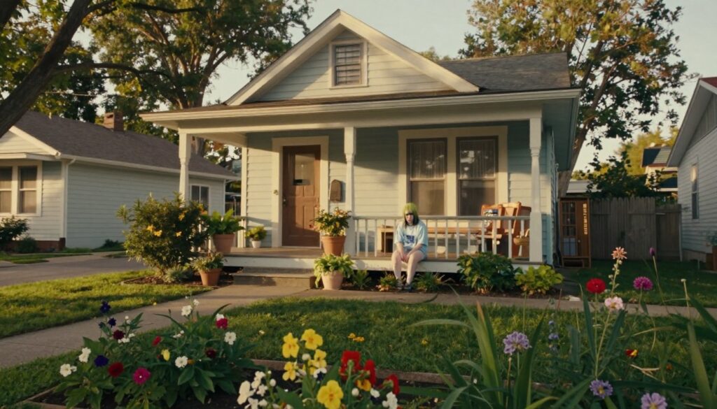 A cozy, inviting view of a charming home in Highland Park, showcasing Billie Eilish's familial roots. In the foreground, a well-maintained garden with vibrant flowers and greenery frames the scene. The middle ground features a vintage-style house, painted in pastel colors, with a welcoming porch adorned with potted plants. Soft morning light illuminates the scene, casting gentle shadows and creating a warm atmosphere. The background features a peaceful suburban street lined with trees. The angle captures the essence of a close-knit community, evoking a sense of nostalgia and privacy. The overall mood is tranquil and inviting, reflecting the grounding influence of family and home in Billie Eilish's life. A cozy, inviting view of a charming home in Highland Park, showcasing Billie Eilish's familial roots. In the foreground, a well-maintained garden with vibrant flowers and greenery frames the scene. The middle ground features a vintage-style house, painted in pastel colors, with a welcoming porch adorned with potted plants. Soft morning light illuminates the scene, casting gentle shadows and creating a warm atmosphere. The background features a peaceful suburban street lined with trees. The angle captures the essence of a close-knit community, evoking a sense of nostalgia and privacy. The overall mood is tranquil and inviting, reflecting the grounding influence of family and home in Billie Eilish's life.