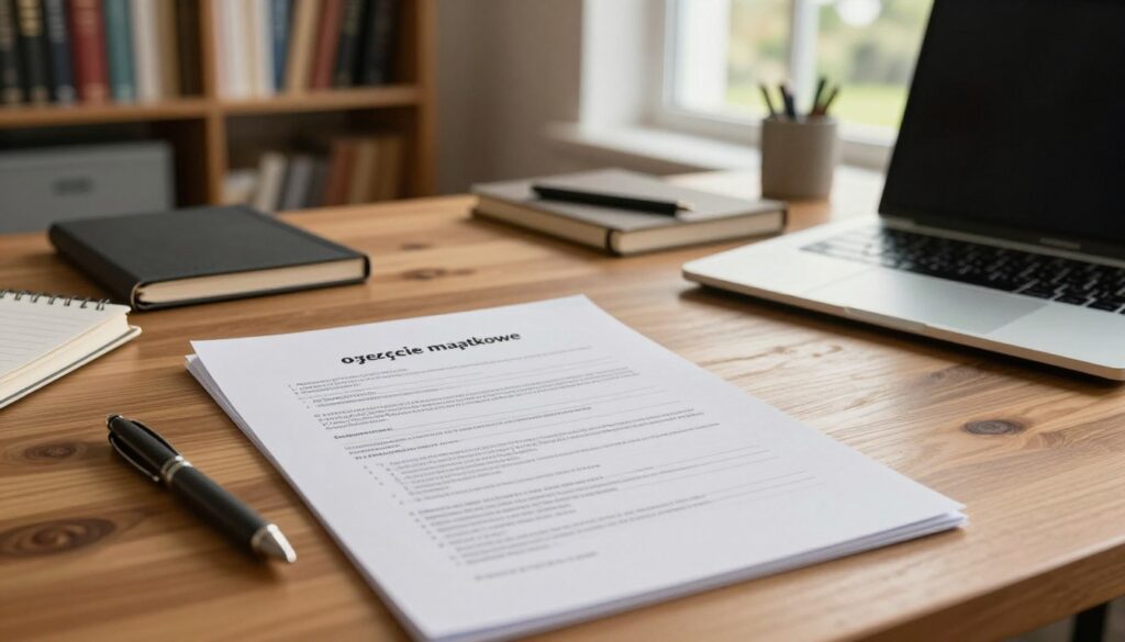 A detailed desk scene featuring official financial disclosure documents labeled "oświadczenie majątkowe" prominently on a polished wooden surface. Surrounding the documents are personal items indicating a creative workspace, such as a high-end laptop, notebooks, and pens. In the background, there's a soft-focus glimpse of a well-lit home office, with bookshelves filled with history and documentary research materials, and a window showing a serene garden view. The lighting is warm and inviting, suggesting a late afternoon ambiance, casting gentle shadows. The camera angle is a slight top-down view, providing depth and context. The overall mood should feel professional and insightful, hinting at the thoughtful nature of financial transparency. A detailed desk scene featuring official financial disclosure documents labeled "oświadczenie majątkowe" prominently on a polished wooden surface. Surrounding the documents are personal items indicating a creative workspace, such as a high-end laptop, notebooks, and pens. In the background, there's a soft-focus glimpse of a well-lit home office, with bookshelves filled with history and documentary research materials, and a window showing a serene garden view. The lighting is warm and inviting, suggesting a late afternoon ambiance, casting gentle shadows. The camera angle is a slight top-down view, providing depth and context. The overall mood should feel professional and insightful, hinting at the thoughtful nature of financial transparency.