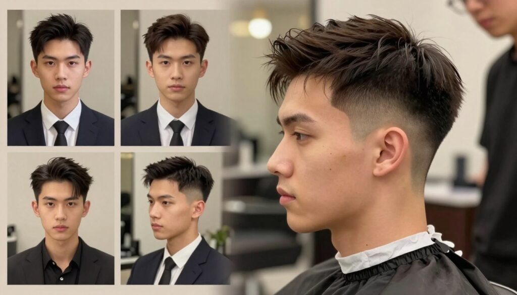 A detailed illustration of the anatomy of a French Crop haircut, focusing on the precision and stylish elements of this classic men's hairstyle. In the foreground, highlight a male figure with a polished French Crop, showcasing the short sides and textured top. Emphasize the clean lines and fading effect for a modern touch. In the middle ground, display various angles of the haircut on different male models, each dressed in sharp, professional attire to reflect sophistication. The background features a well-lit barbershop setting, with soft, warm lighting creating an inviting atmosphere, emphasizing the craftsmanship of the haircut. Capture a sense of professionalism and elegance throughout the scene, omitting any text or branding. A detailed illustration of the anatomy of a French Crop haircut, focusing on the precision and stylish elements of this classic men's hairstyle. In the foreground, highlight a male figure with a polished French Crop, showcasing the short sides and textured top. Emphasize the clean lines and fading effect for a modern touch. In the middle ground, display various angles of the haircut on different male models, each dressed in sharp, professional attire to reflect sophistication. The background features a well-lit barbershop setting, with soft, warm lighting creating an inviting atmosphere, emphasizing the craftsmanship of the haircut. Capture a sense of professionalism and elegance throughout the scene, omitting any text or branding.
