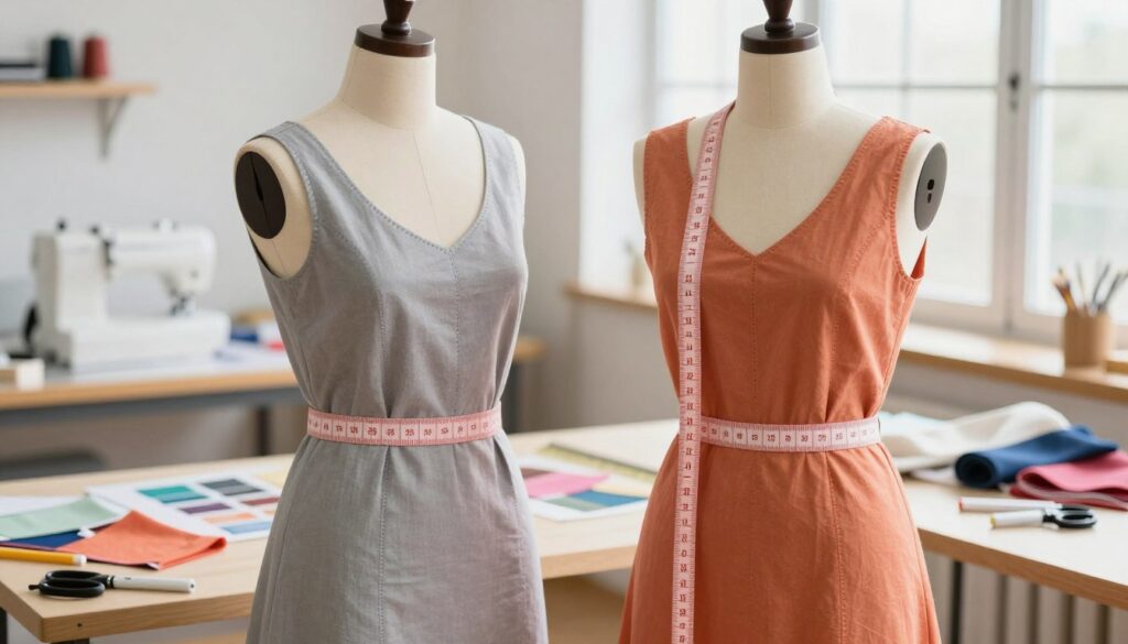 A detailed image of a measuring dress, preferably a well-crafted garment displayed elegantly on a tailored mannequin. In the foreground, the dress showcases fine fabric textures with delicate stitching and a vibrant color scheme, exuding a sense of professionalism. Surrounding the dress, essential measuring tools like a measuring tape, scissors, and fabric markers are neatly arranged, hinting at the preparation for accurate measurements. The middle ground includes a softly lit work surface, with a ruler and fabric swatches scattered around. The background features a clean, organized sewing room with natural light streaming in through a window, creating a warm and inviting atmosphere. The overall mood is focused and informative, perfect for illustrating the topic of measuring dresses for proper online size selection. A detailed image of a measuring dress, preferably a well-crafted garment displayed elegantly on a tailored mannequin. In the foreground, the dress showcases fine fabric textures with delicate stitching and a vibrant color scheme, exuding a sense of professionalism. Surrounding the dress, essential measuring tools like a measuring tape, scissors, and fabric markers are neatly arranged, hinting at the preparation for accurate measurements. The middle ground includes a softly lit work surface, with a ruler and fabric swatches scattered around. The background features a clean, organized sewing room with natural light streaming in through a window, creating a warm and inviting atmosphere. The overall mood is focused and informative, perfect for illustrating the topic of measuring dresses for proper online size selection.